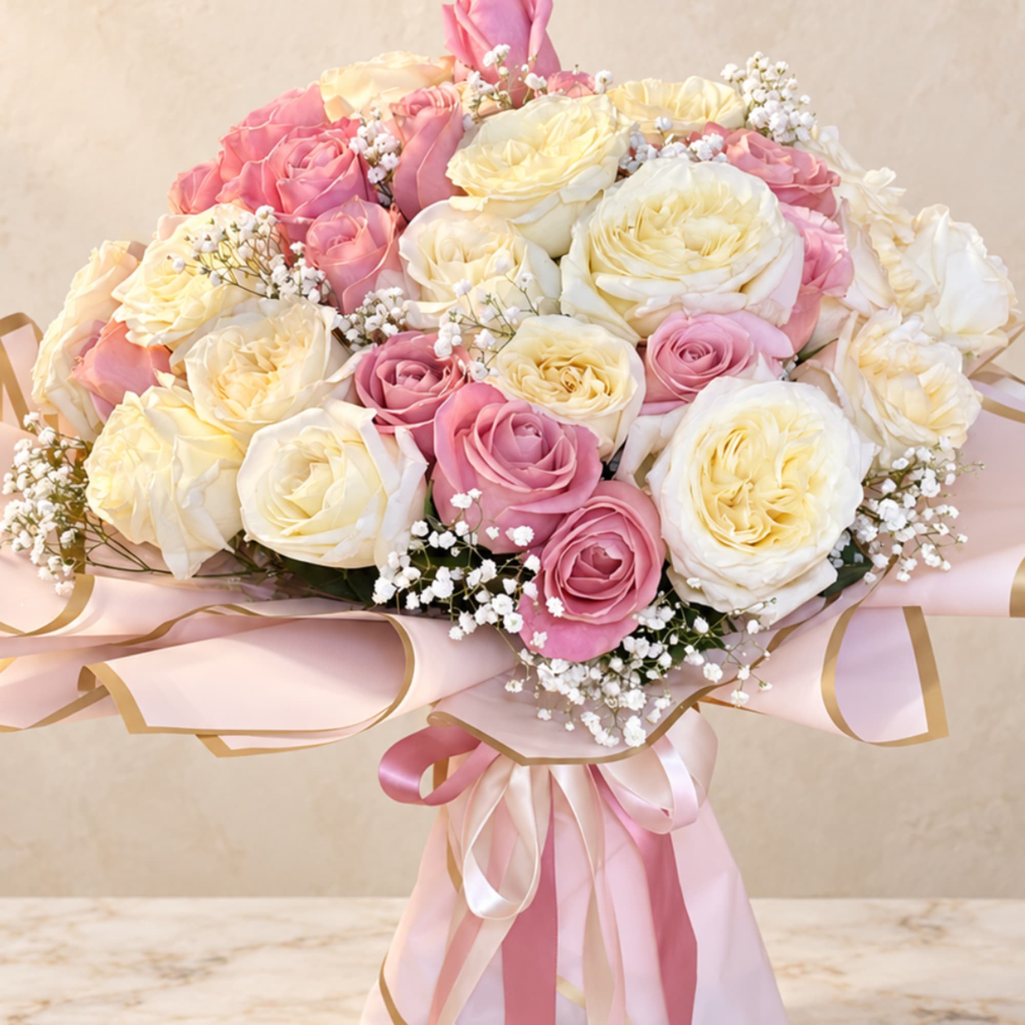 Bouquet of pink and cream roses with baby's breath and ribbon wrap