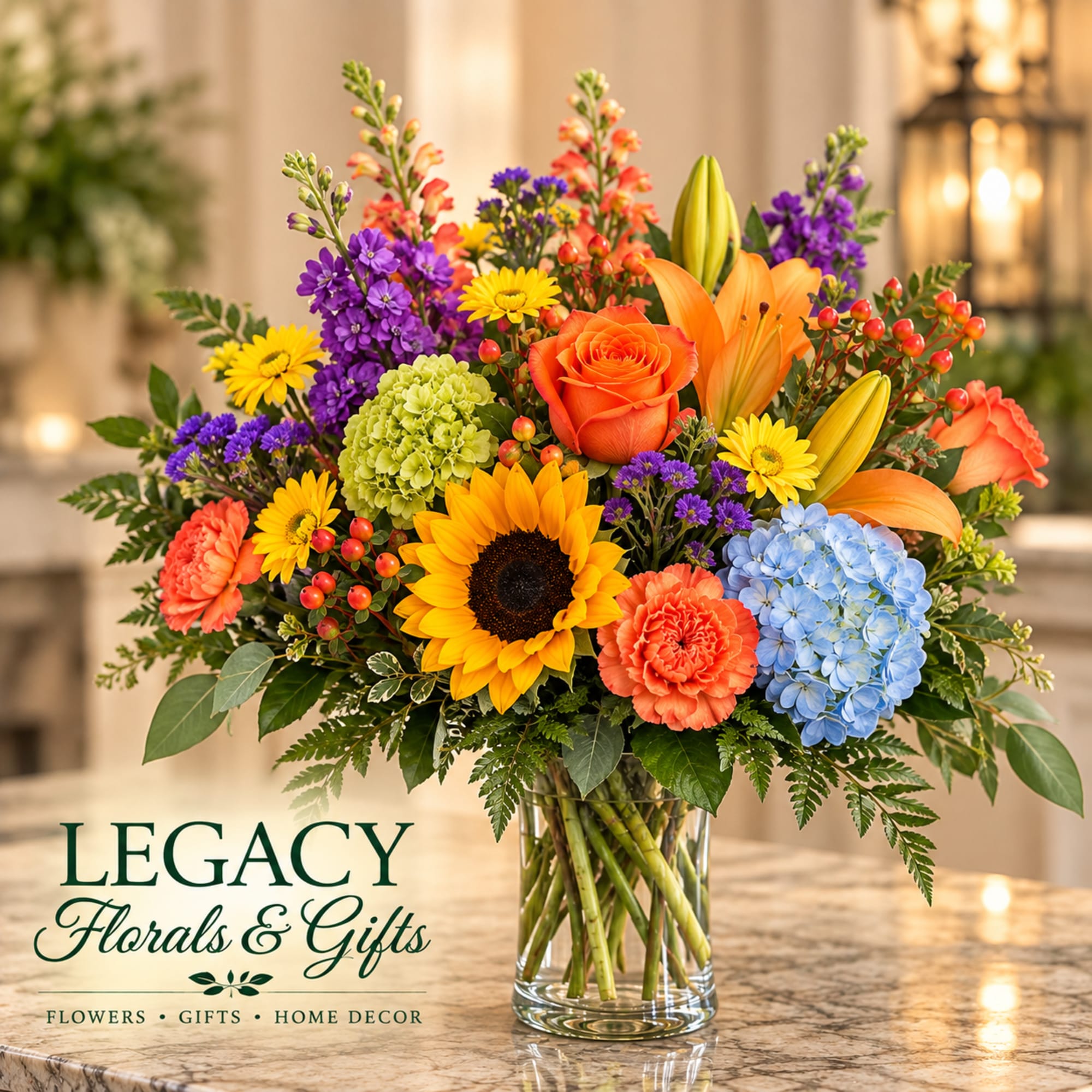 Colorful mixed bouquet in a clear glass vase with sunflower, roses, lilies, and hydrangea