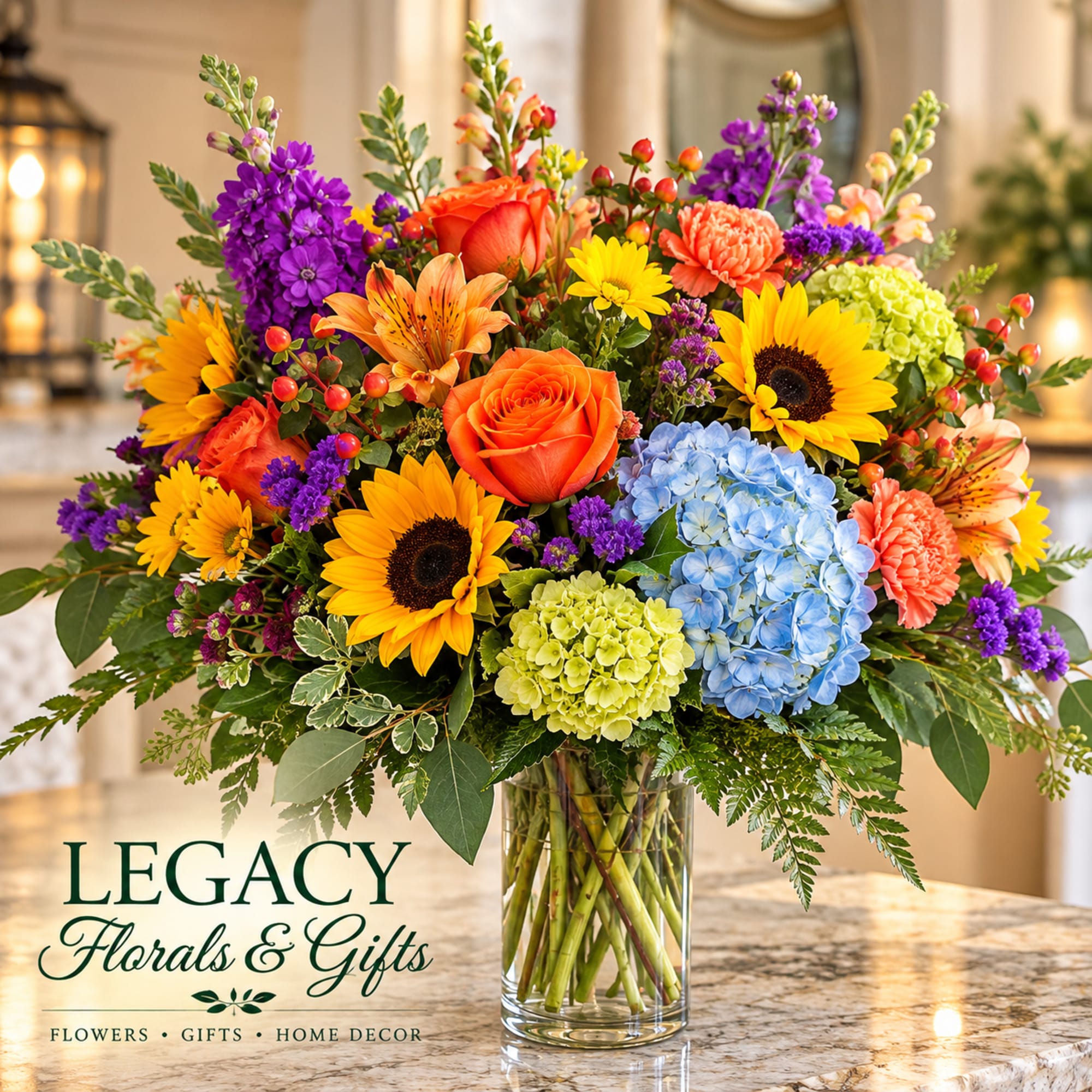 Colorful mixed bouquet in a clear glass vase