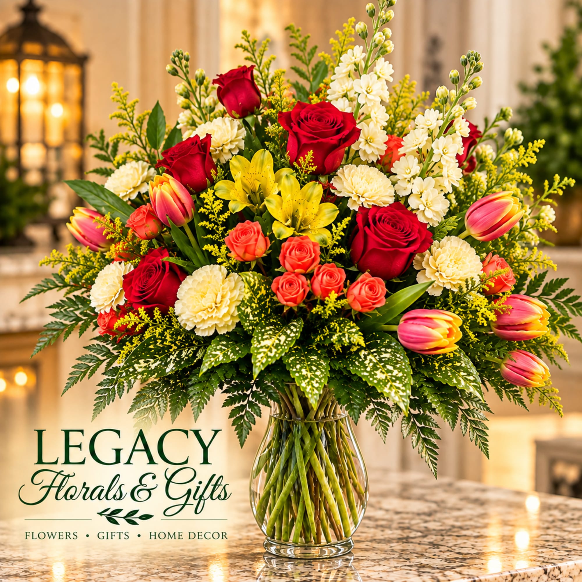 Mixed bouquet of red roses, pink tulips, and white flowers in a glass vase