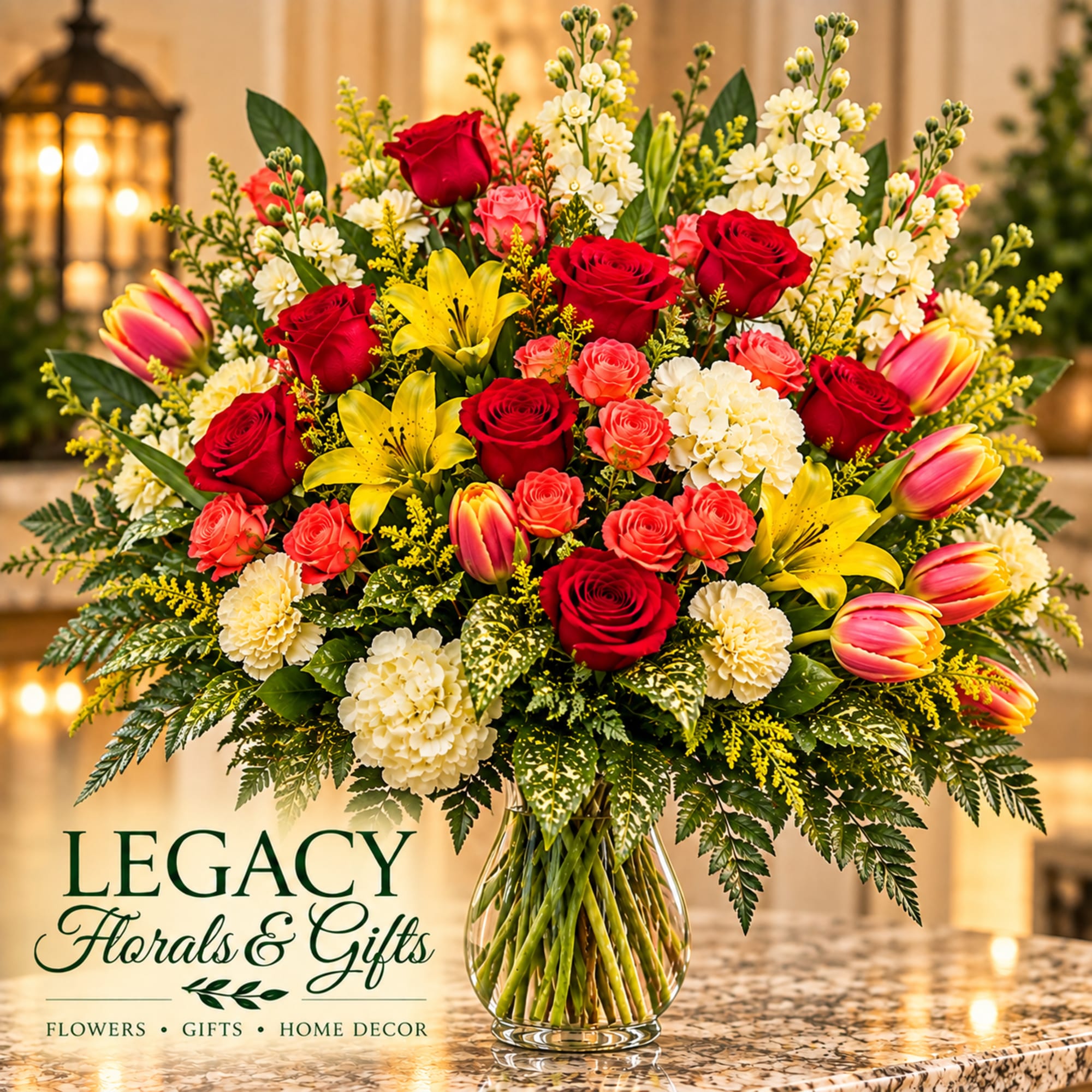Large bouquet of red roses, yellow lilies, pink tulips, and white flowers in a glass vase