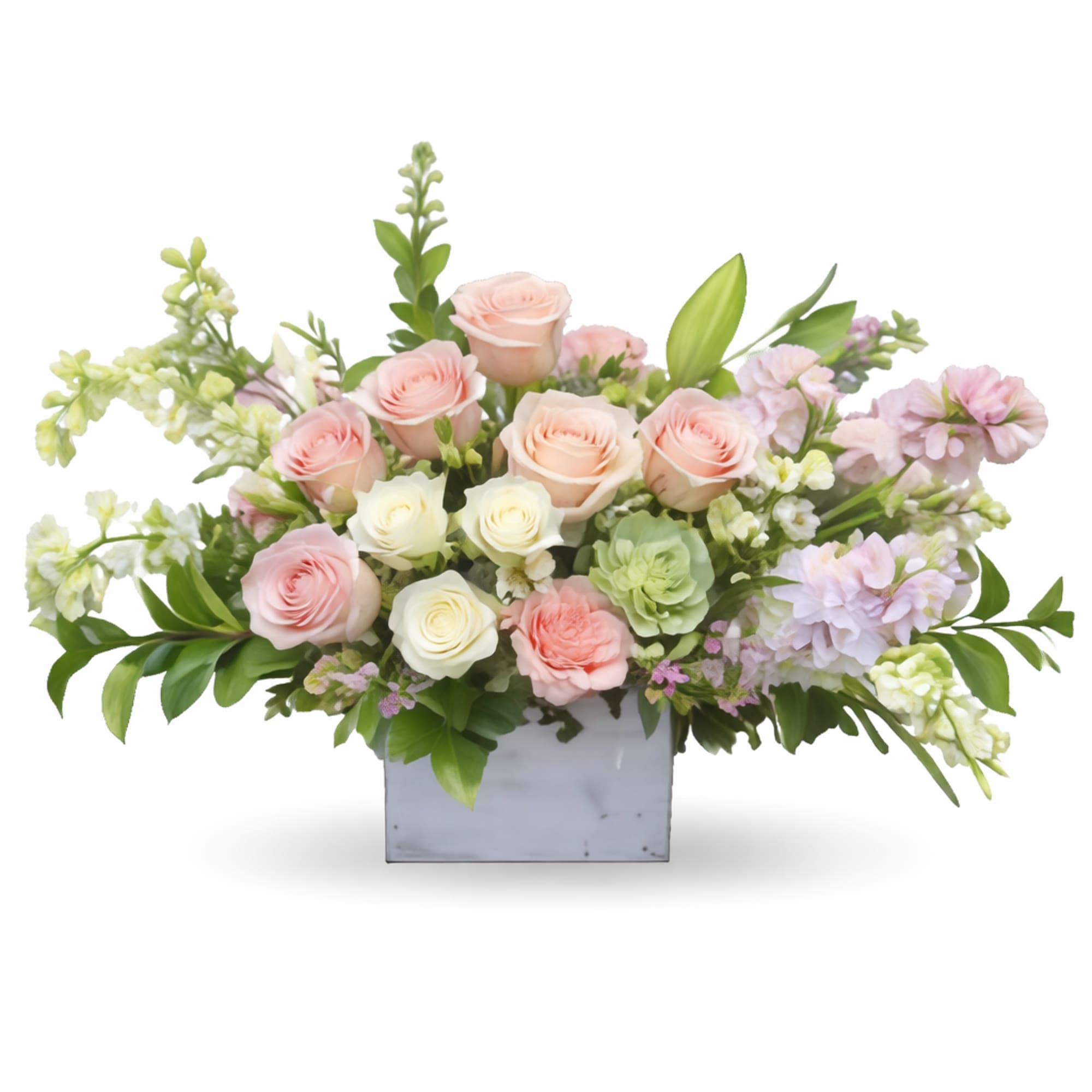 A lush, romantic arrangement designed in a rustic wood box, featuring soft