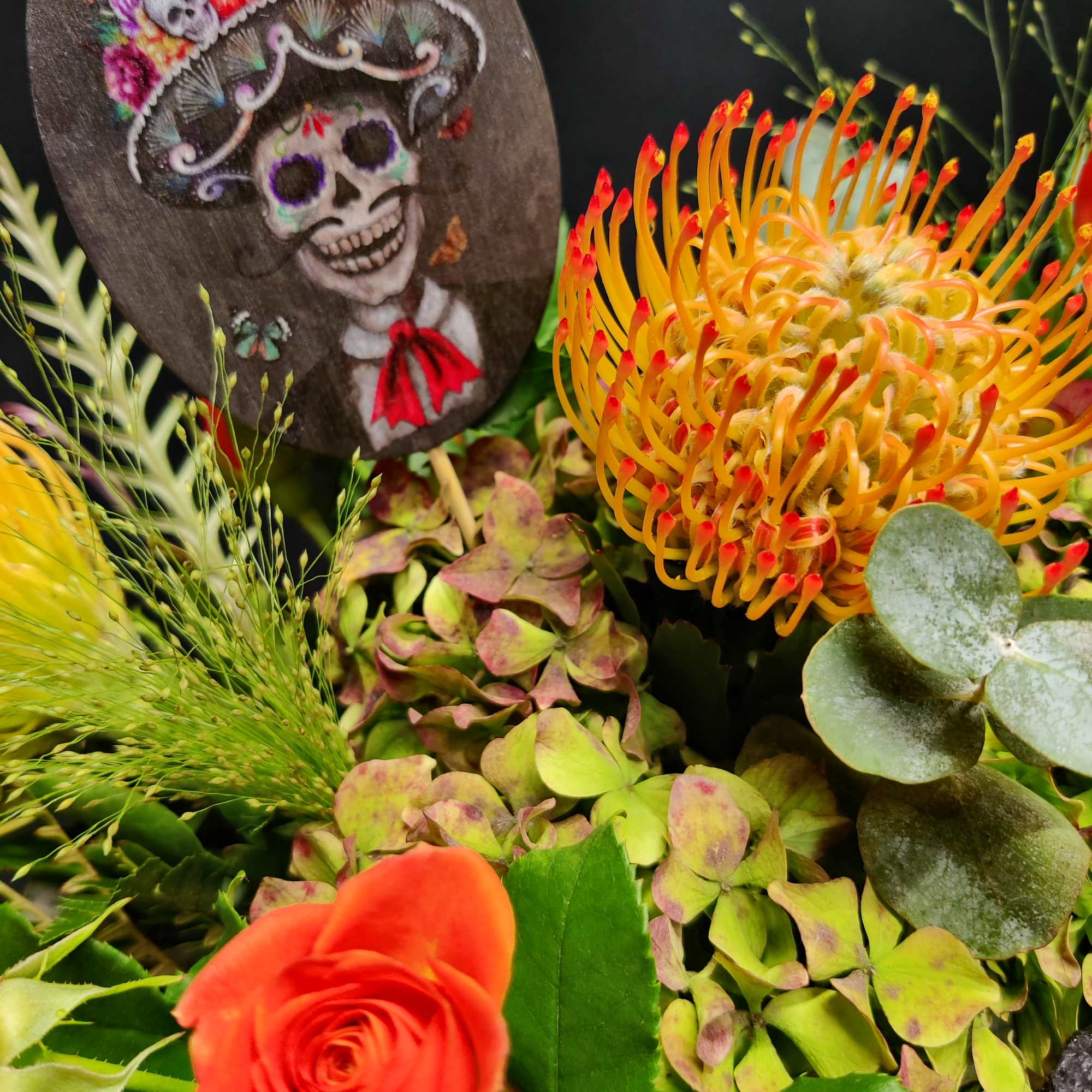 premium fall flowers, spray roses and a touch of dia de los, photo 3 of 3