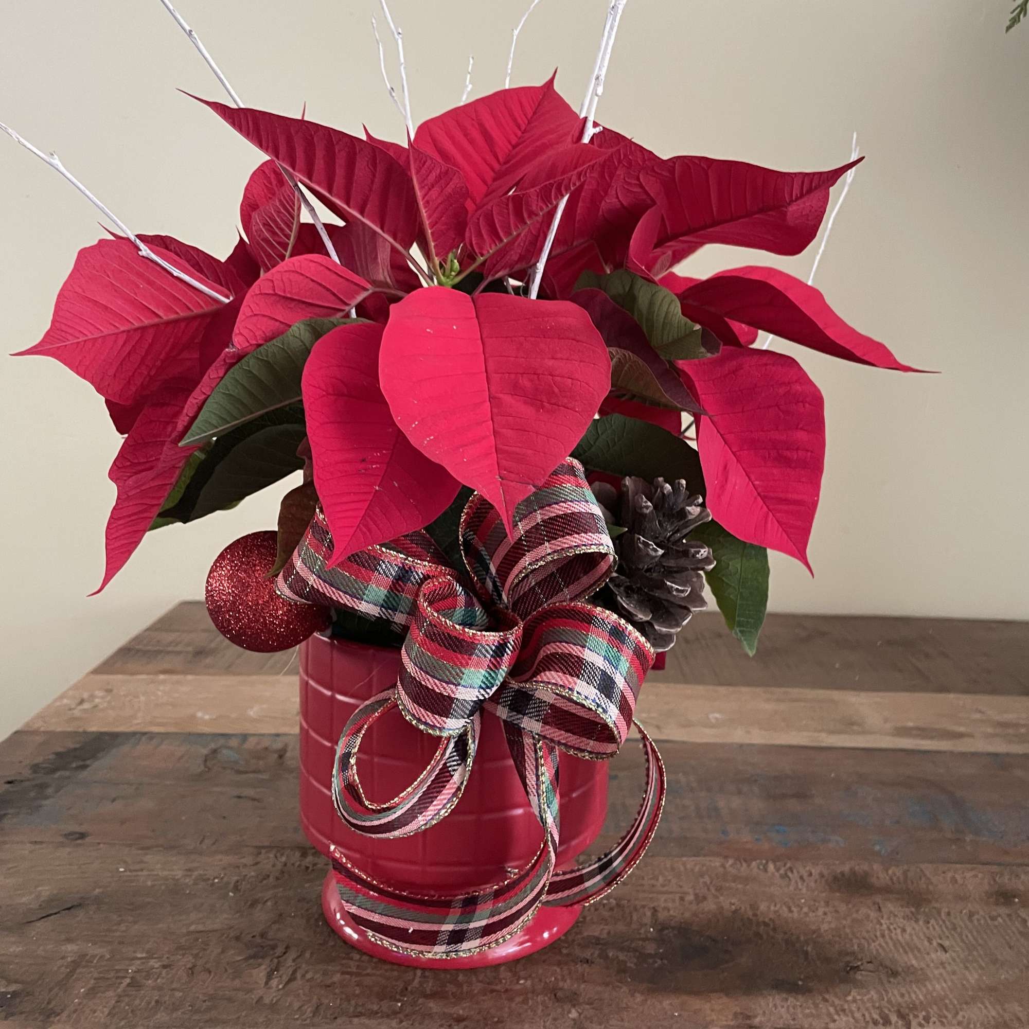 Red poinsettia arrangement in a red container with plaid ribbon and pinecone accents