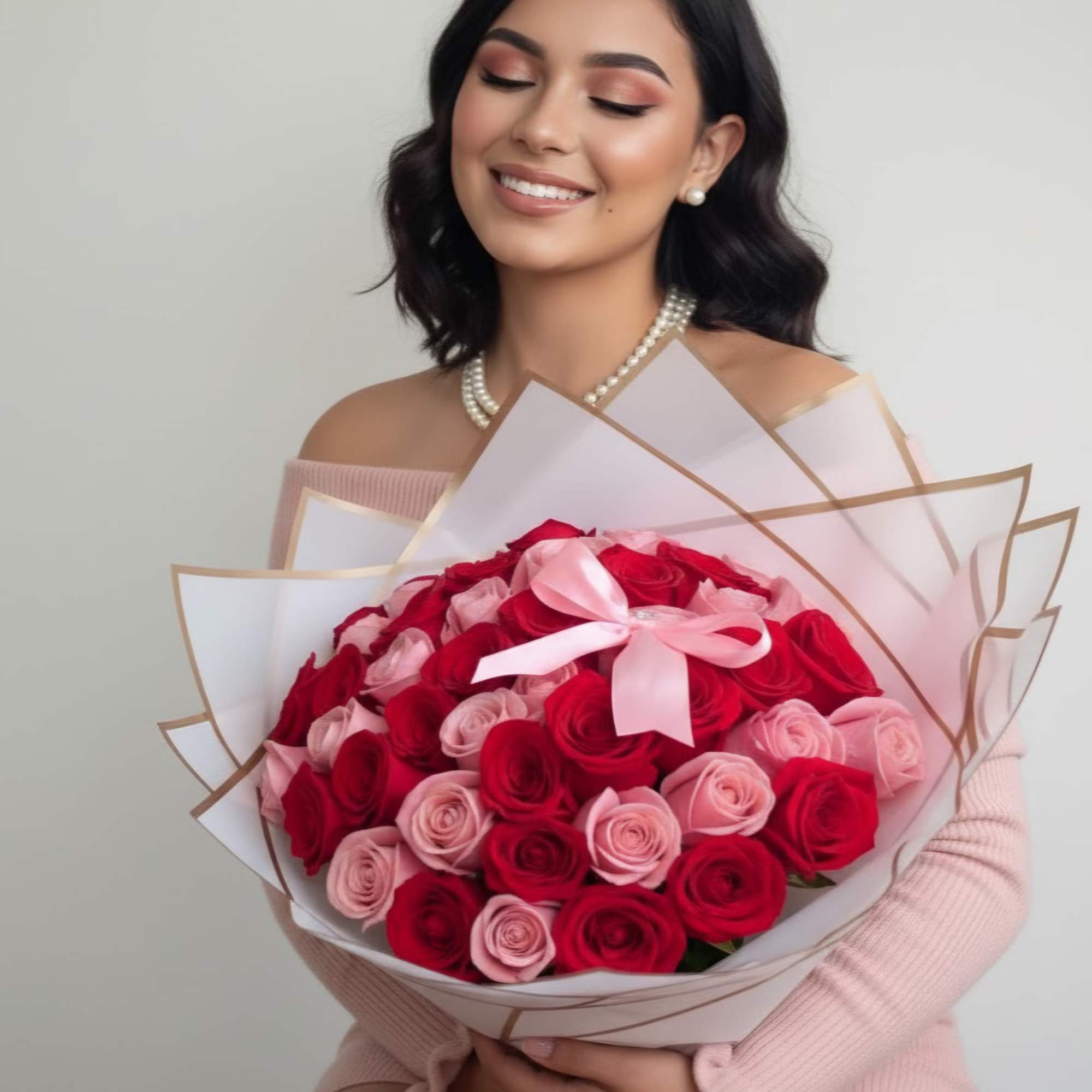 Woman holding a bouquet of red and pink roses wrapped in white paper