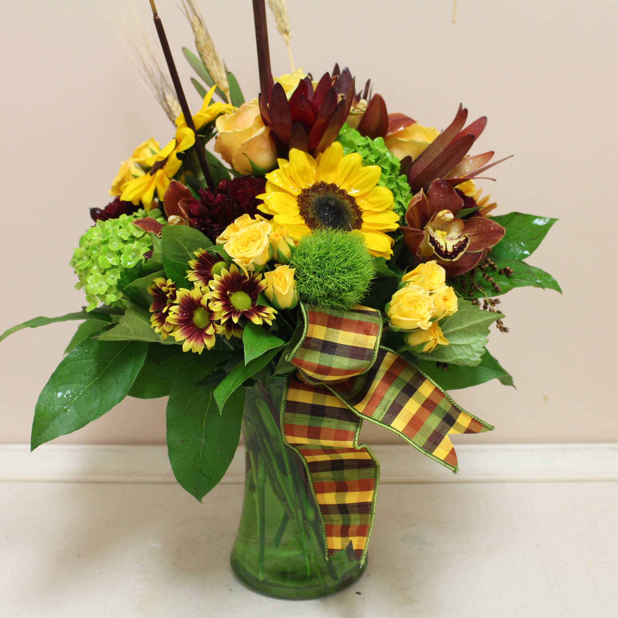Autumn vase filled with mixed autumn flowers, assorted poms, spray roses, mini, photo 2 of 2