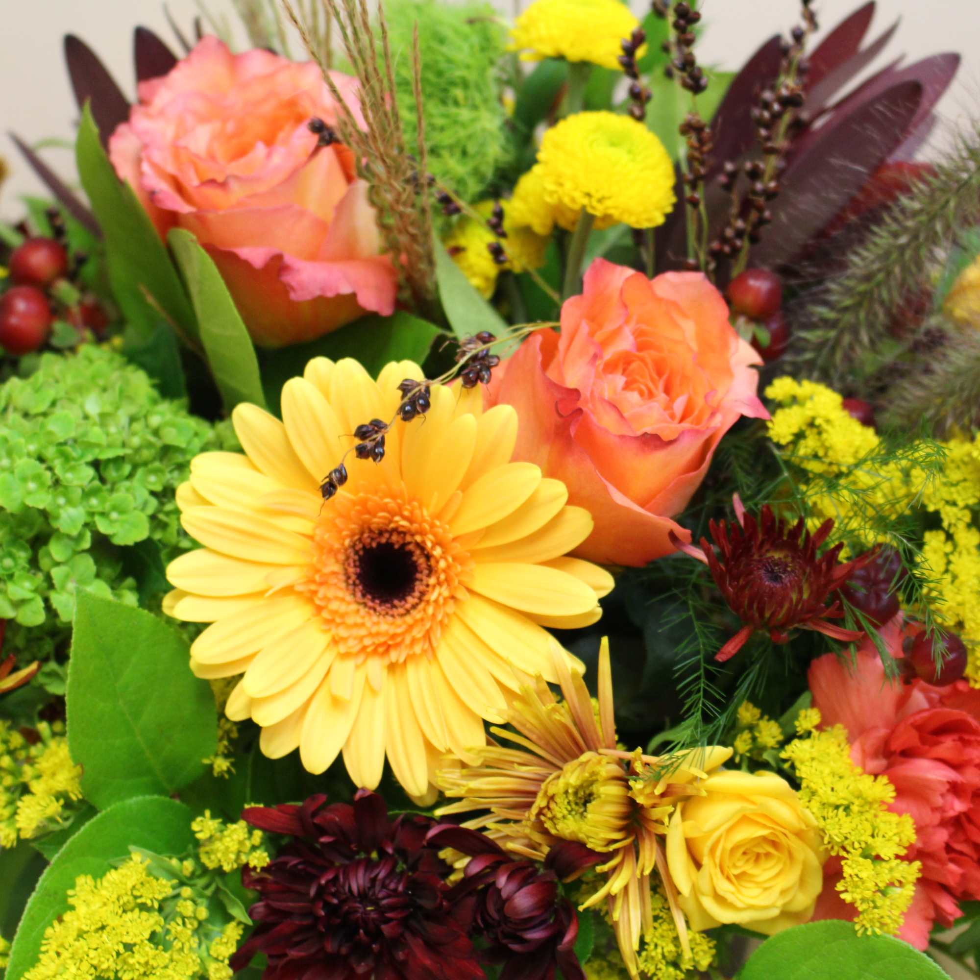 a beautiful fall motif arranged in a seasonal scene vessel , photo 3 of 4