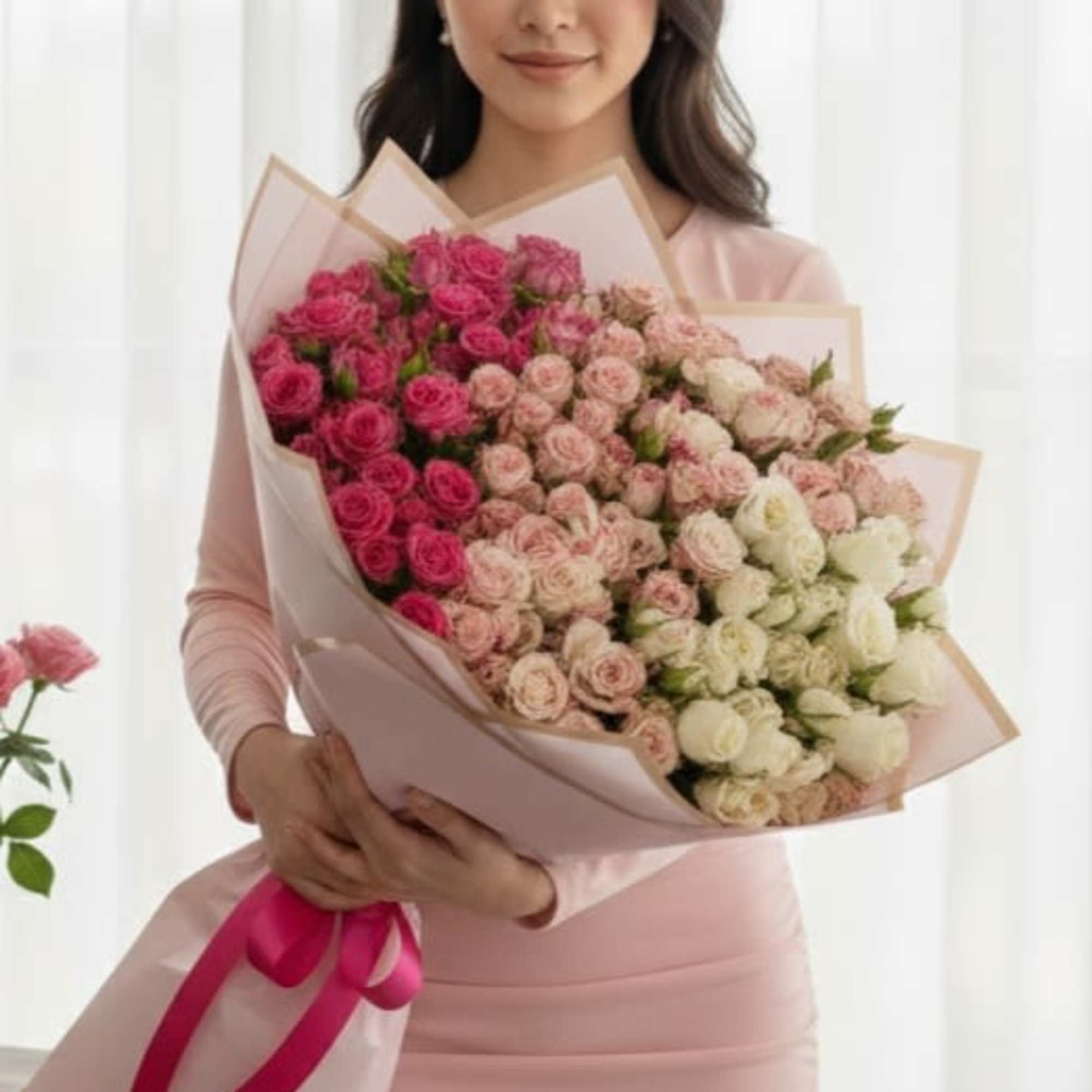 Woman holding a large bouquet of pink and white roses, photo 3 of 3