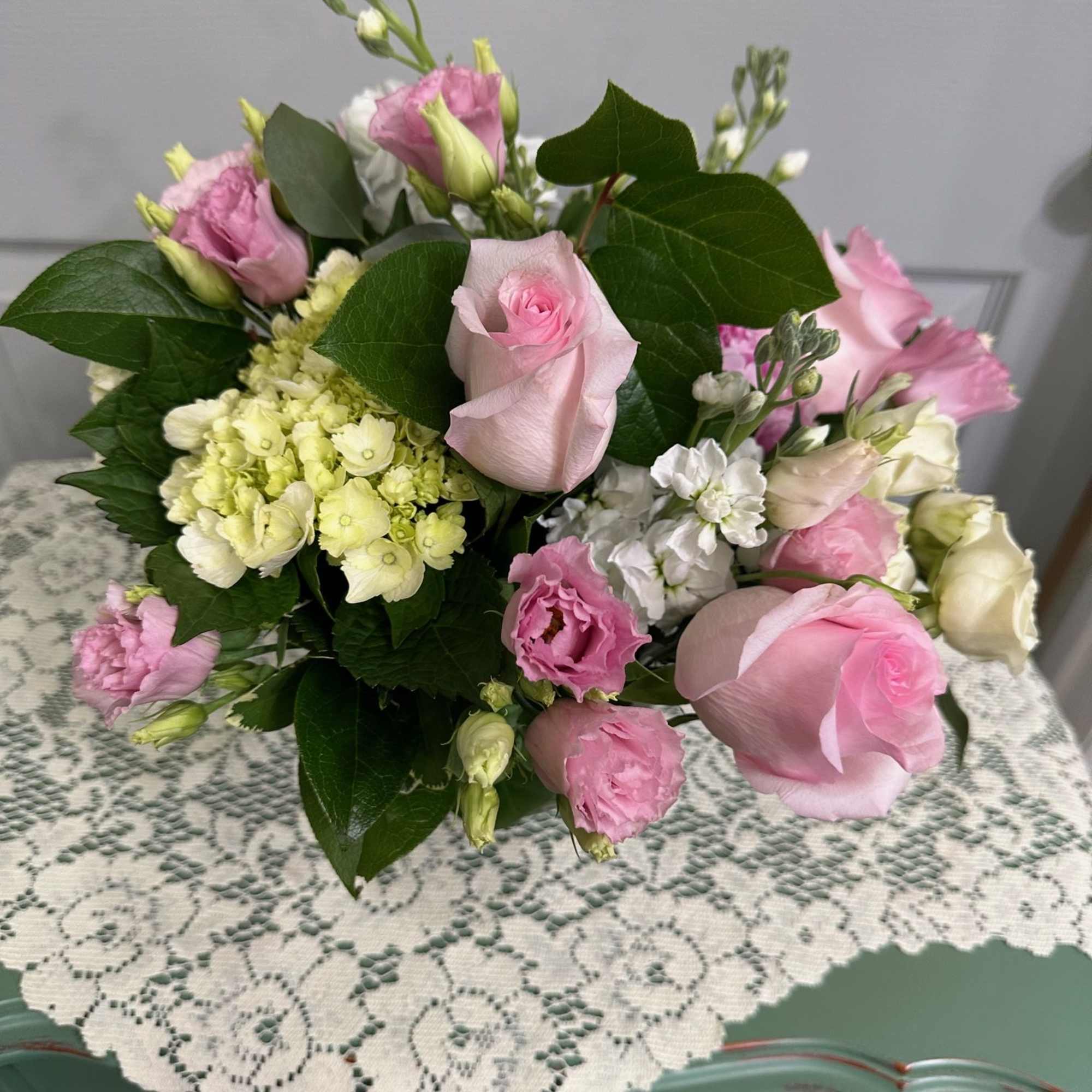Roses, Spray Roses, Hydrangea, Stock, Lisianthus, Fancy Greens