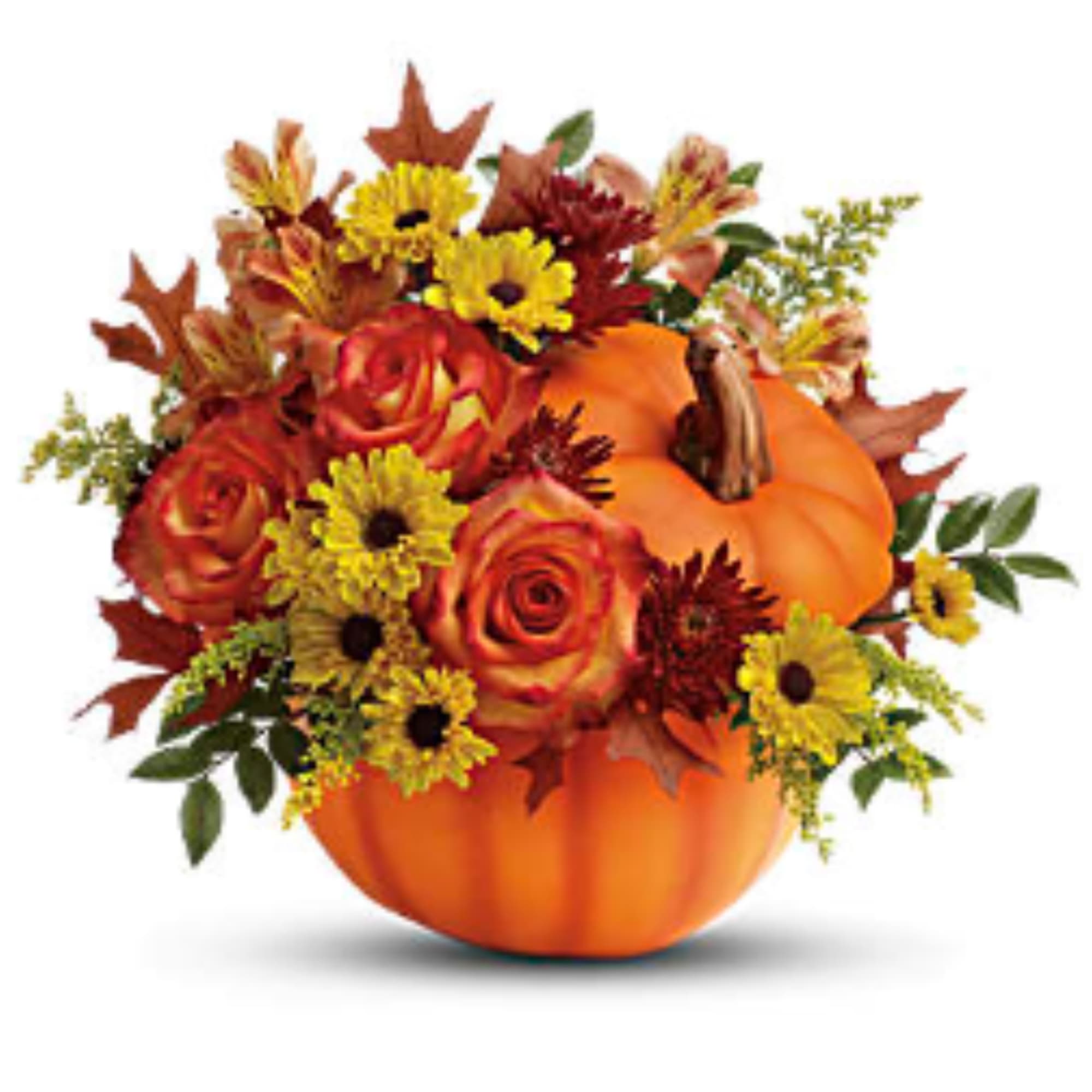 Pumpkin-shaped floral arrangement with roses and daisies