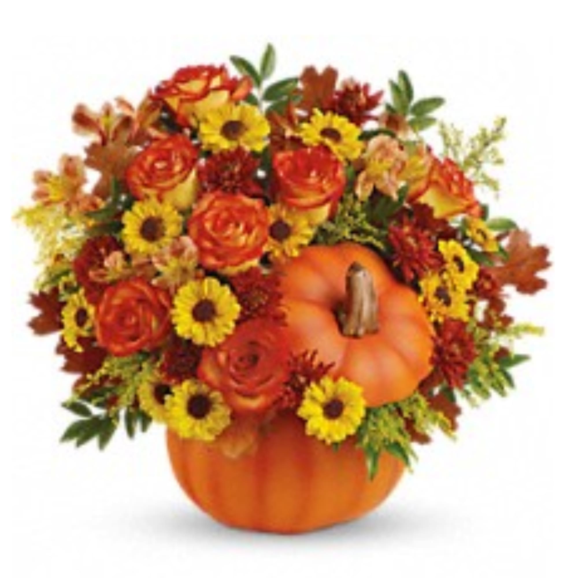 Pumpkin-shaped floral arrangement with orange roses and yellow daisies