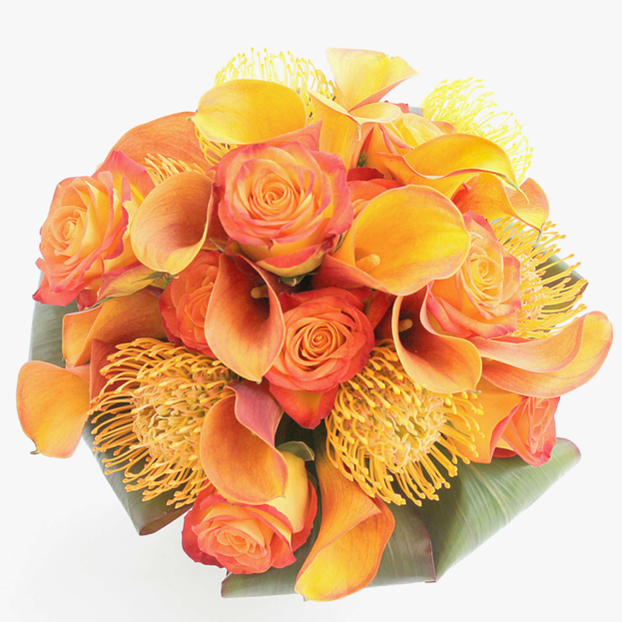 Bouquet of orange roses and yellow calla lilies