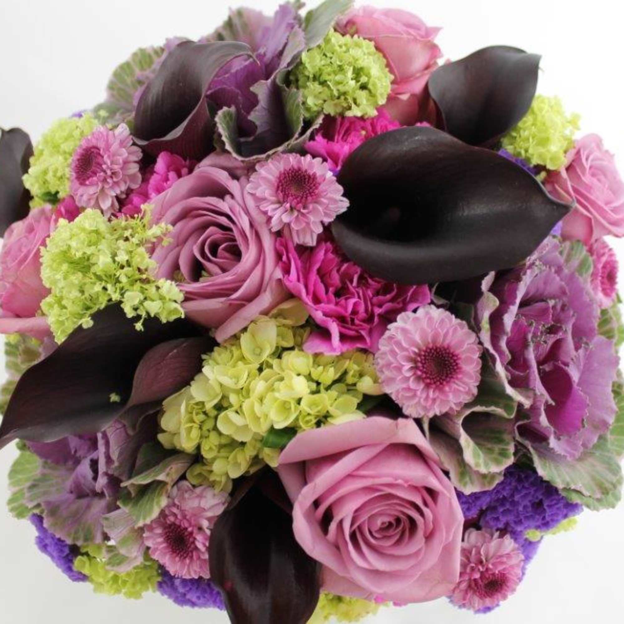 Bouquet of pink roses, purple flowers, and dark calla lilies