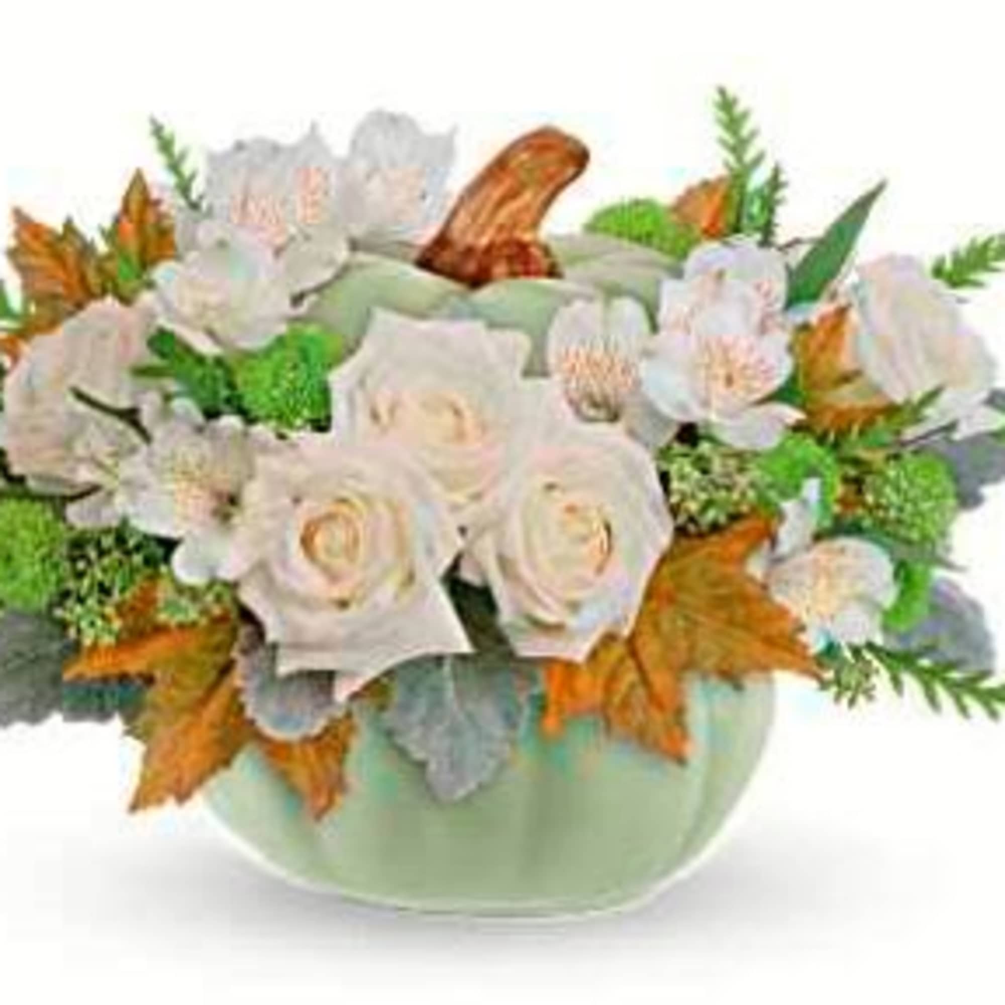 Ideal for your autumnal table setting, this sophisticated rose arrangement exudes elegance.