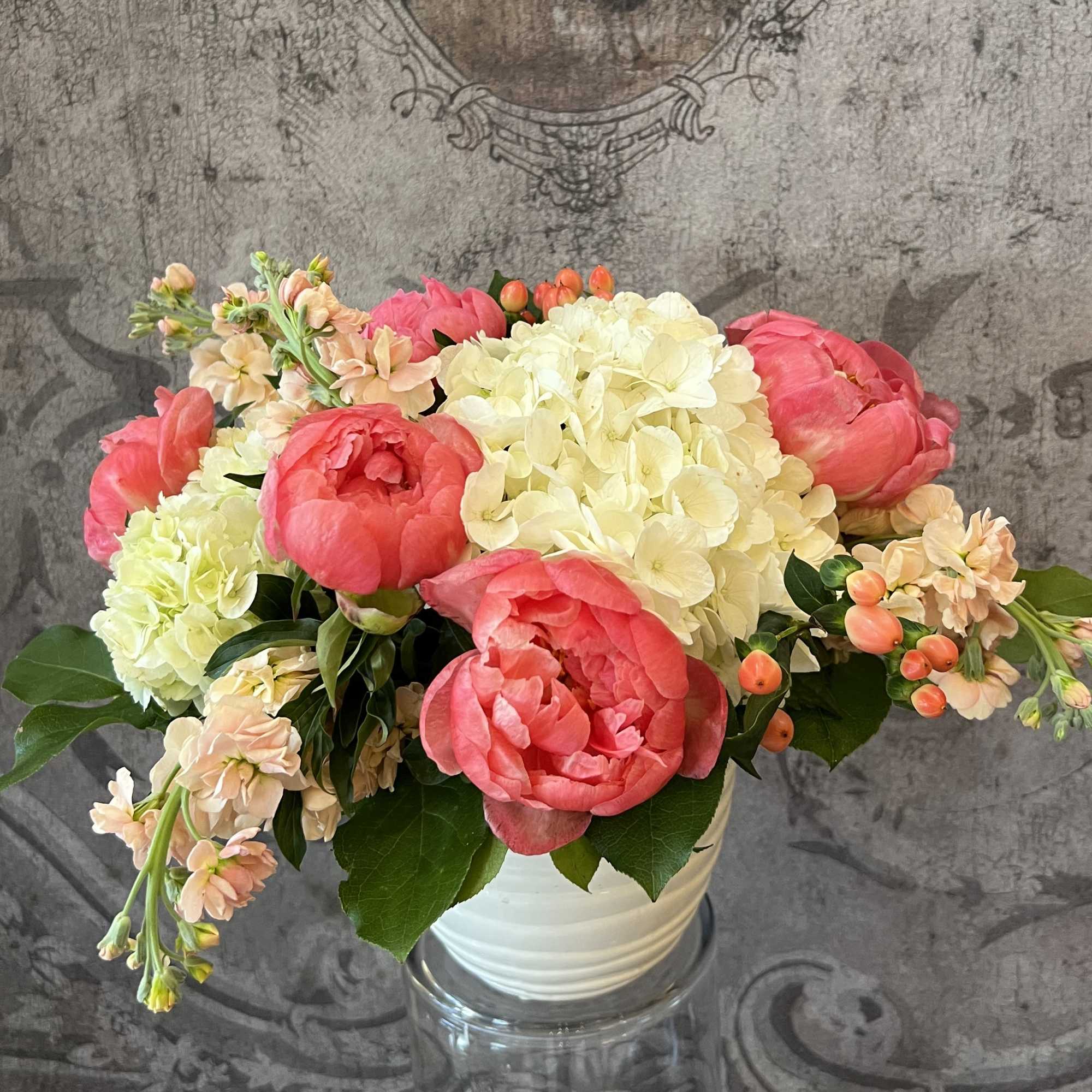 This beautiful arrangement of Peony, Hydrangea &amp; Stock makes a wonderful gift