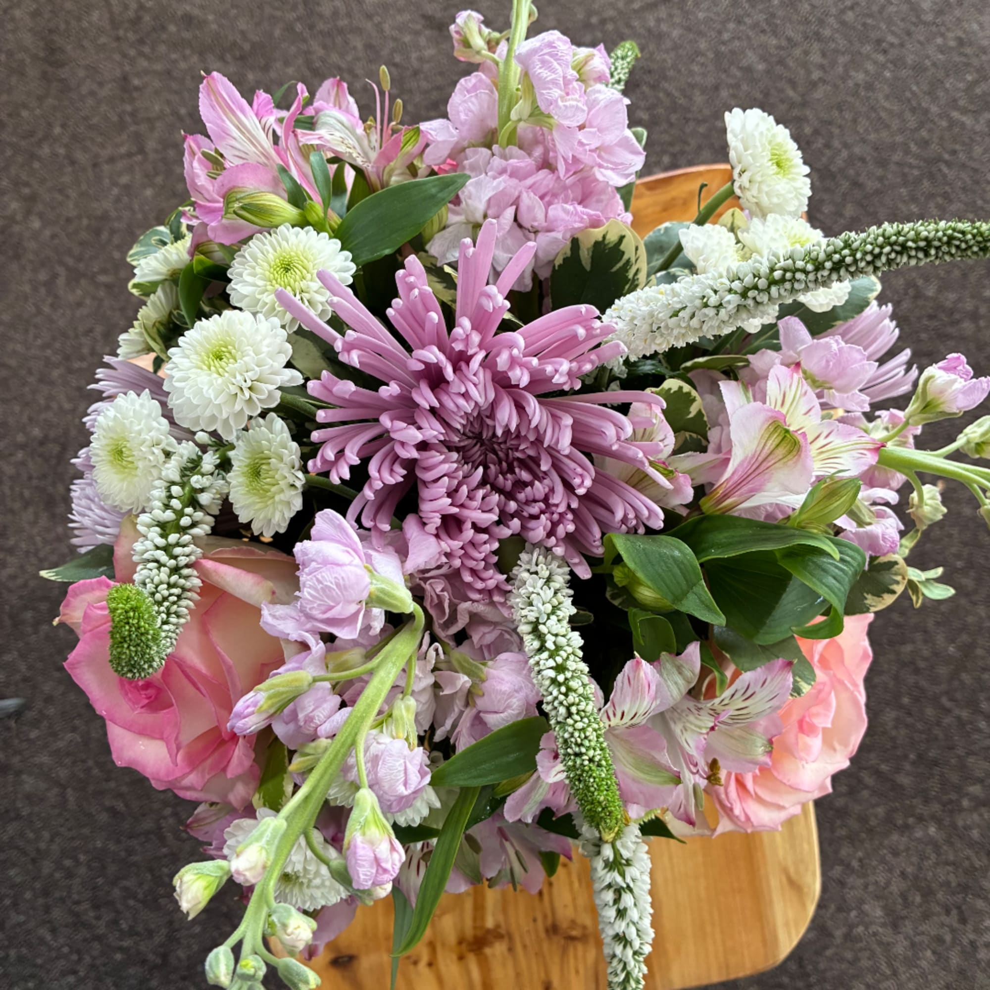 Pink and white mixed bouquet with chrysanthemums and roses