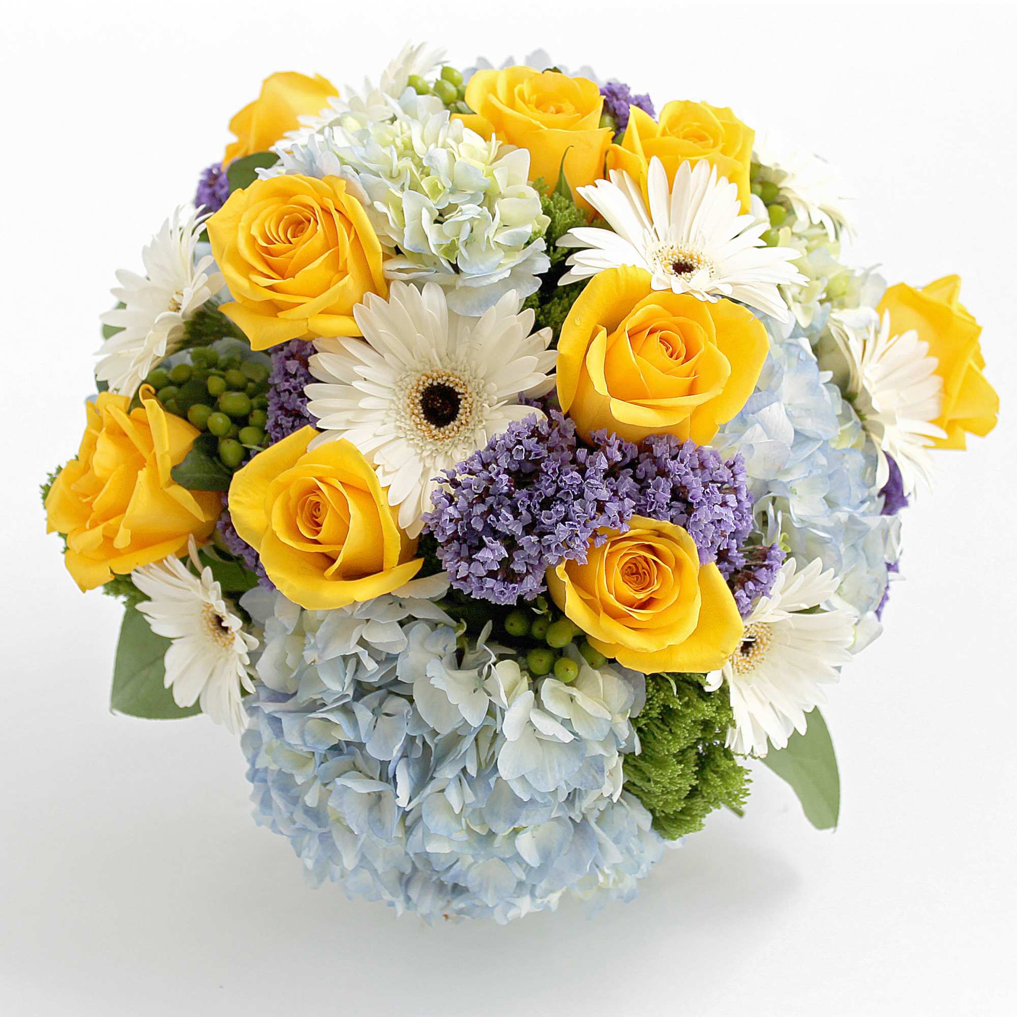Bouquet of yellow roses, white daisies, and blue hydrangeas, photo 2 of 3