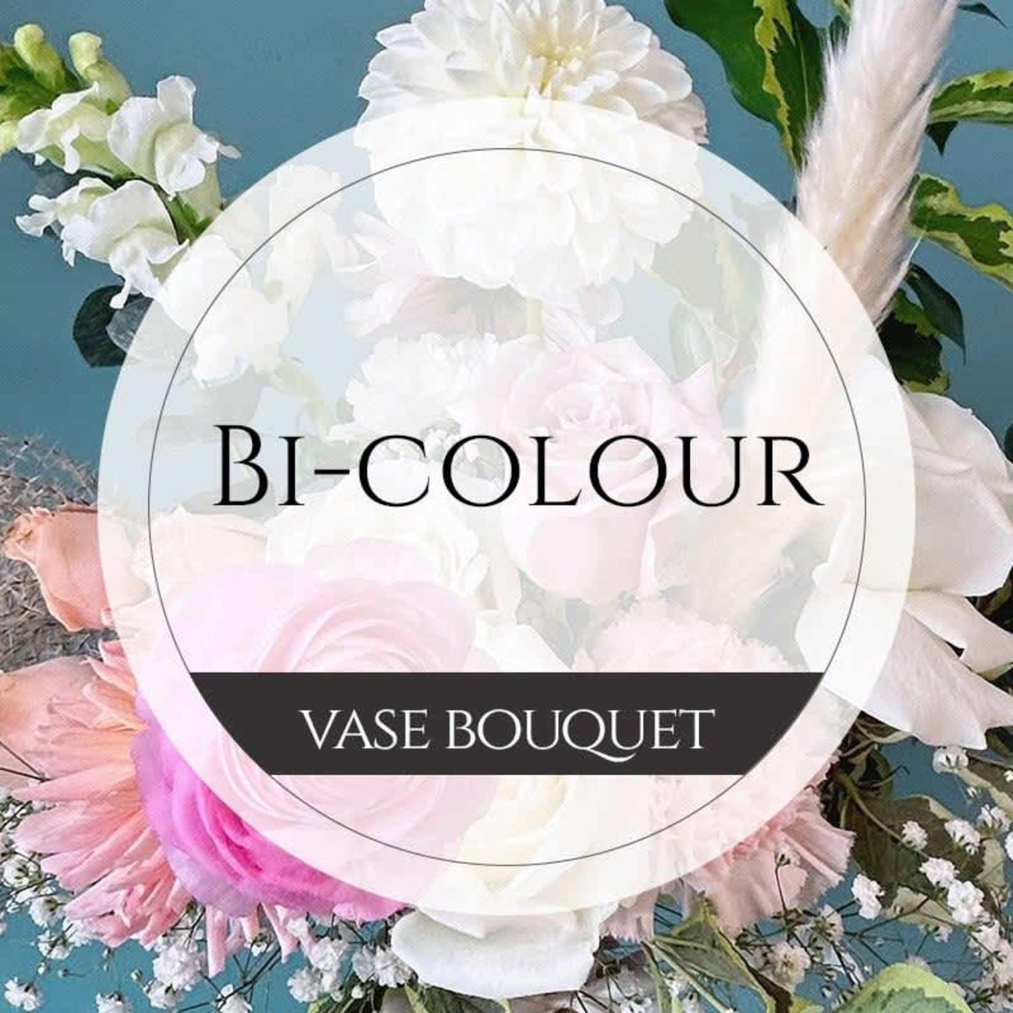 White and pink mixed bouquet with a vase bouquet label