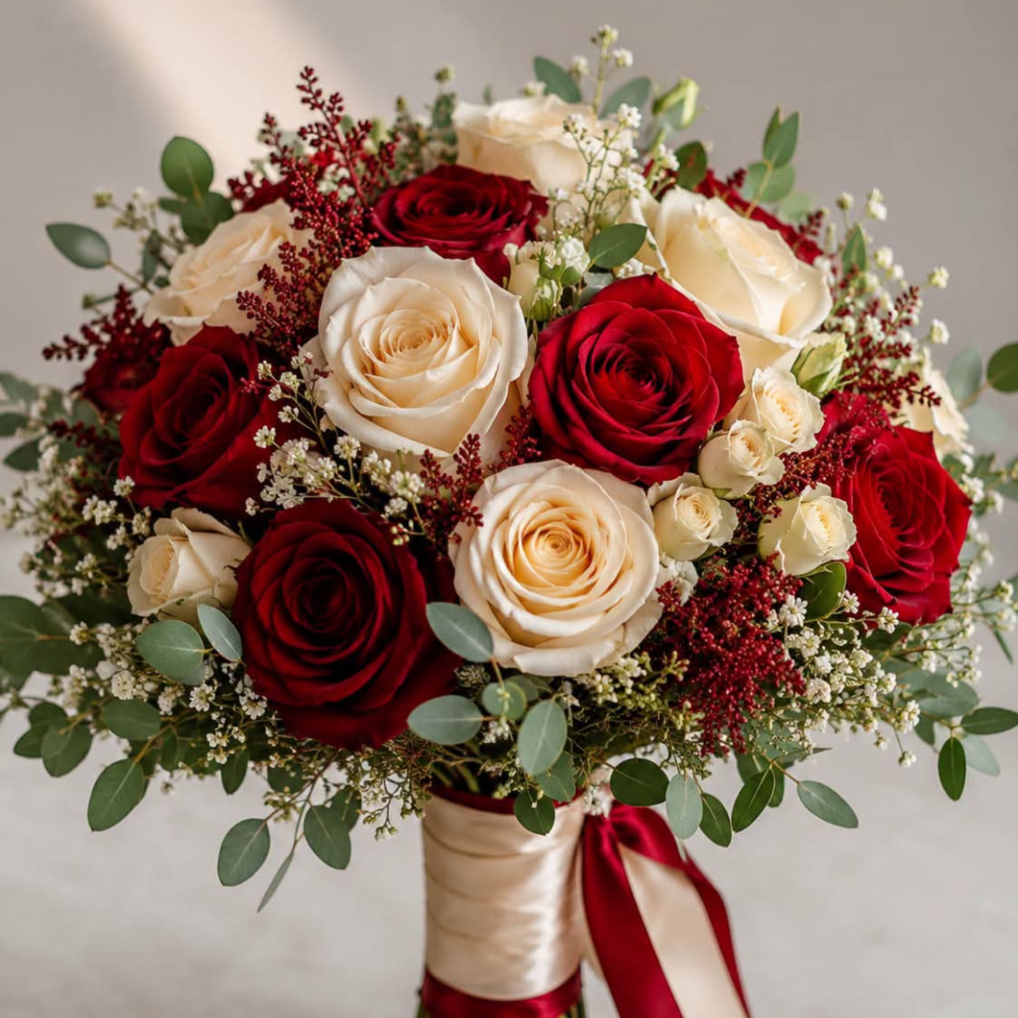 Bouquet of red and cream roses with baby's breath in a ribbon-wrapped handle