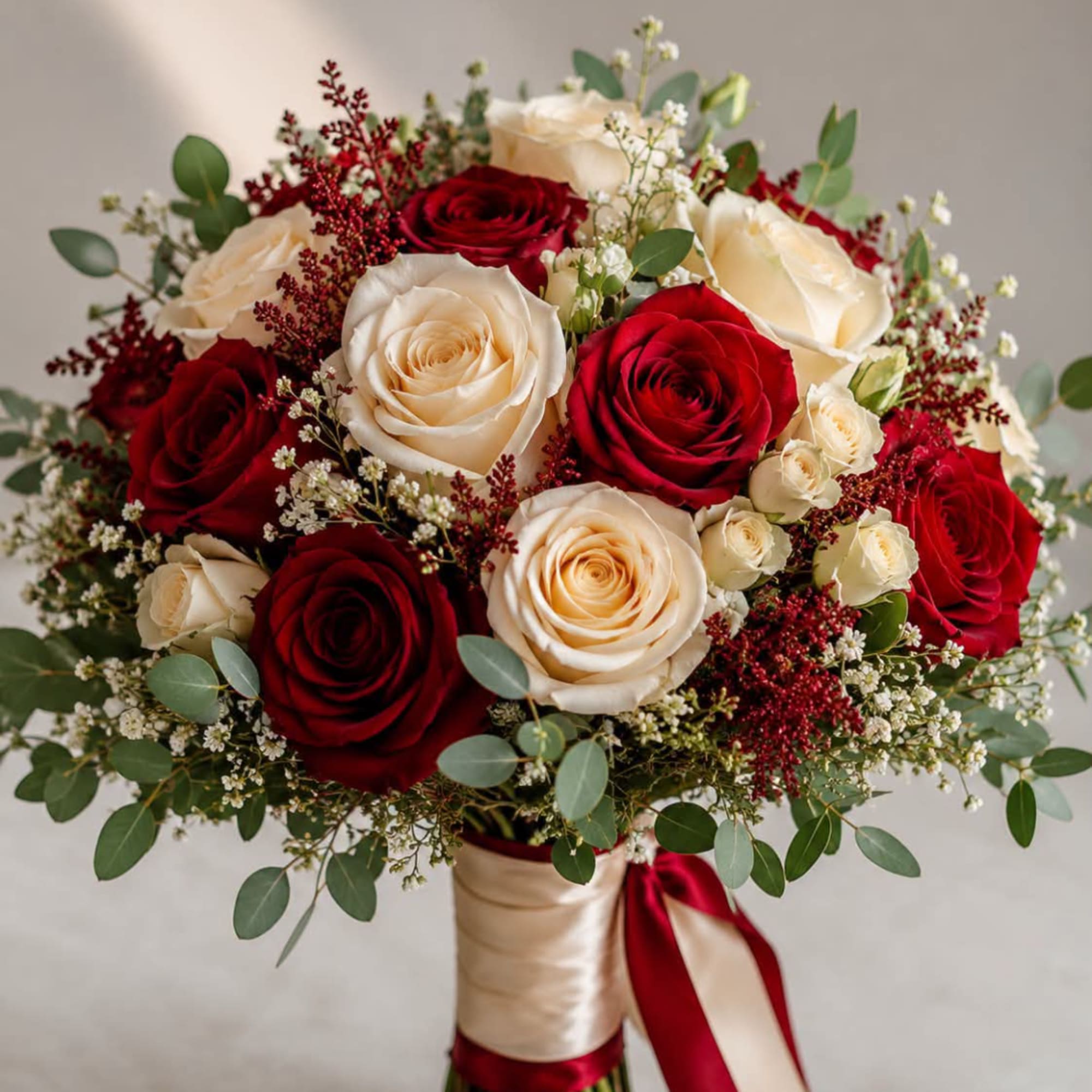 Bouquet of red and cream roses with baby's breath and ribbon wrap