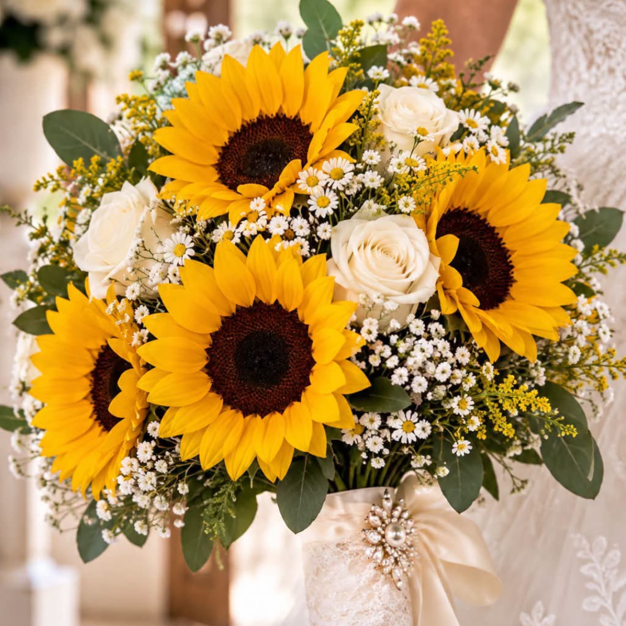 Bouquet of sunflowers and white roses with baby's breath