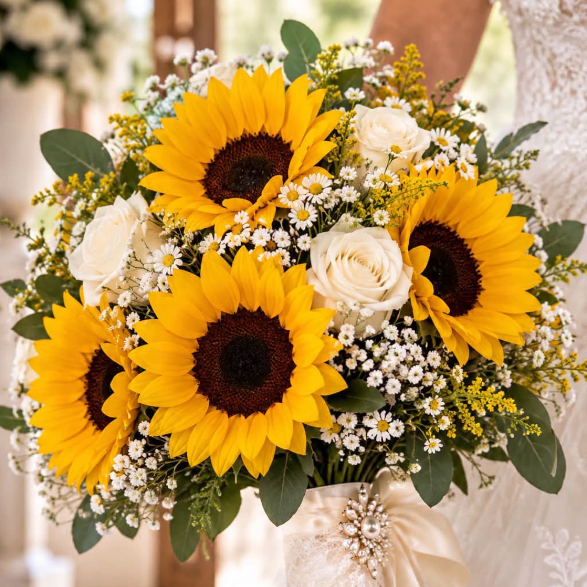 Bouquet of sunflowers and white roses with small white filler flowers