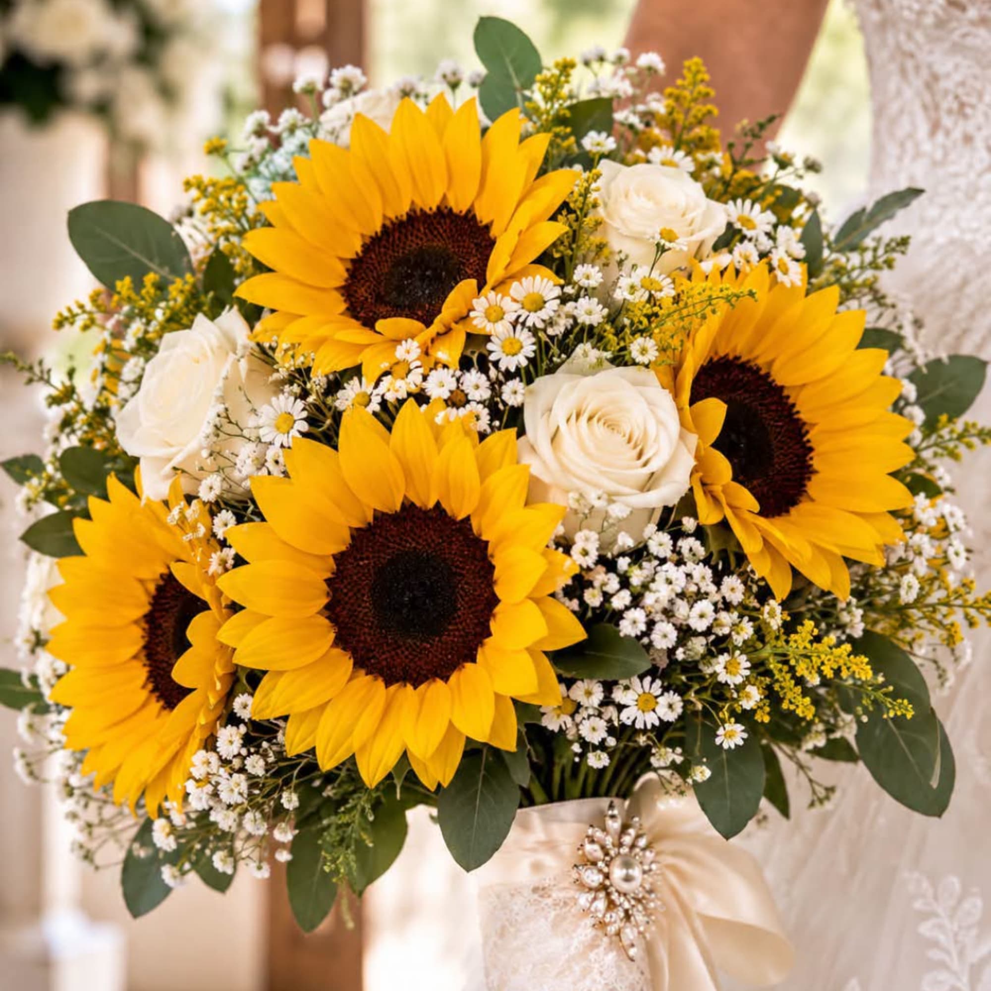 Bouquet of sunflowers and white roses with baby's breath