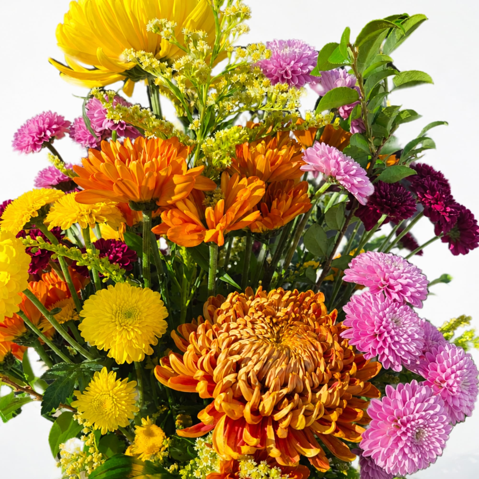 Colorful bouquet of orange, yellow, pink, and purple chrysanthemums