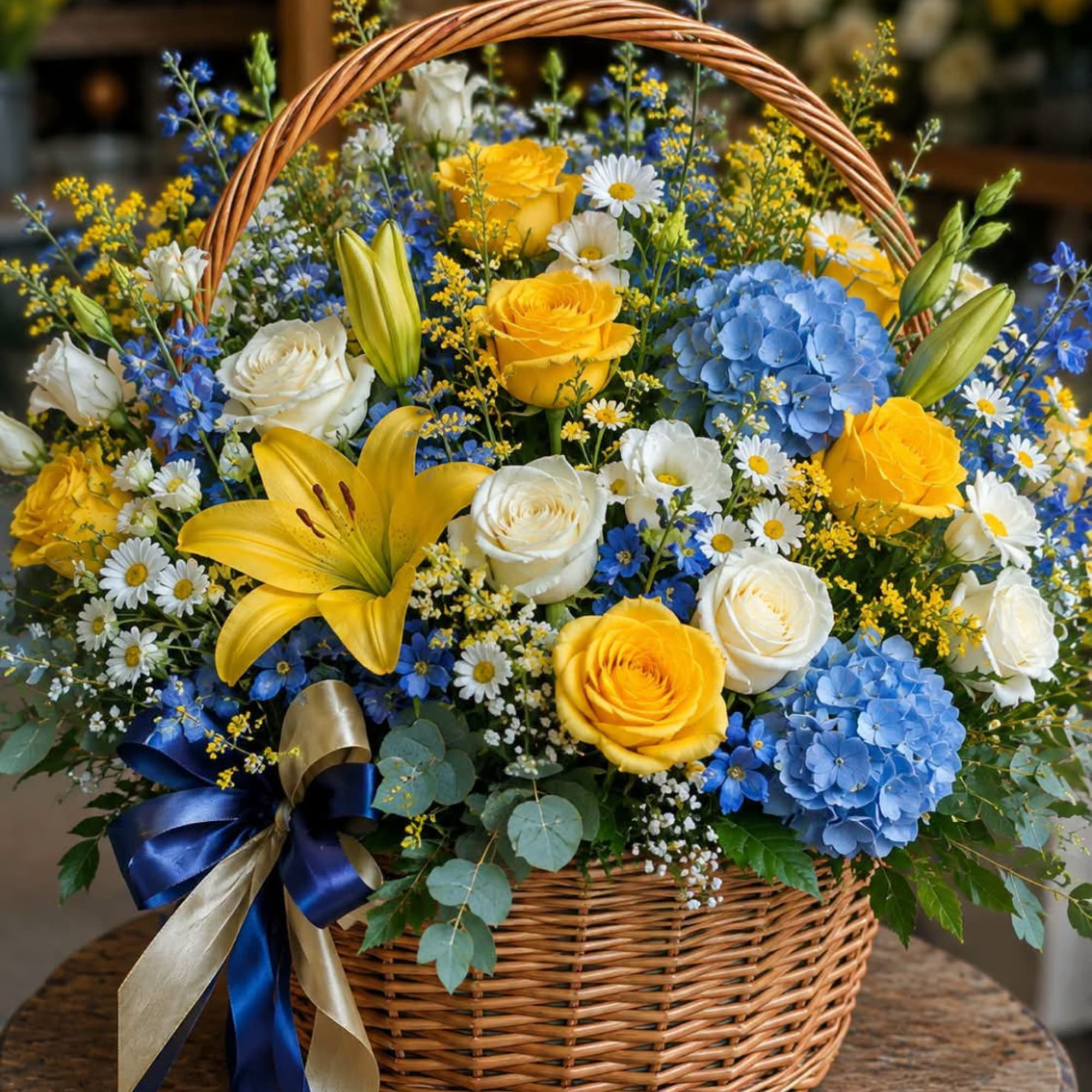 Basket arrangement of yellow and white roses with blue hydrangeas and lilies