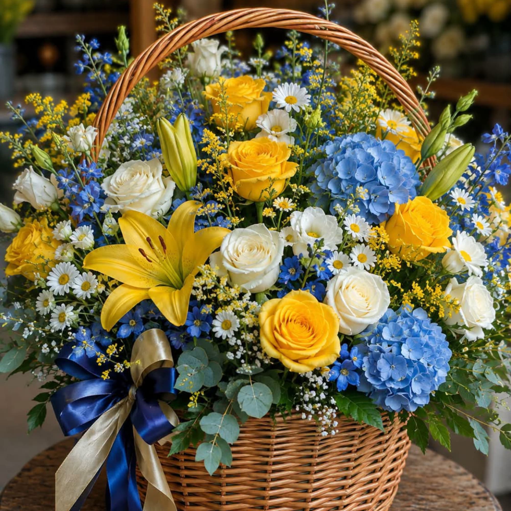 Basket arrangement of yellow and white roses with blue hydrangeas and lilies