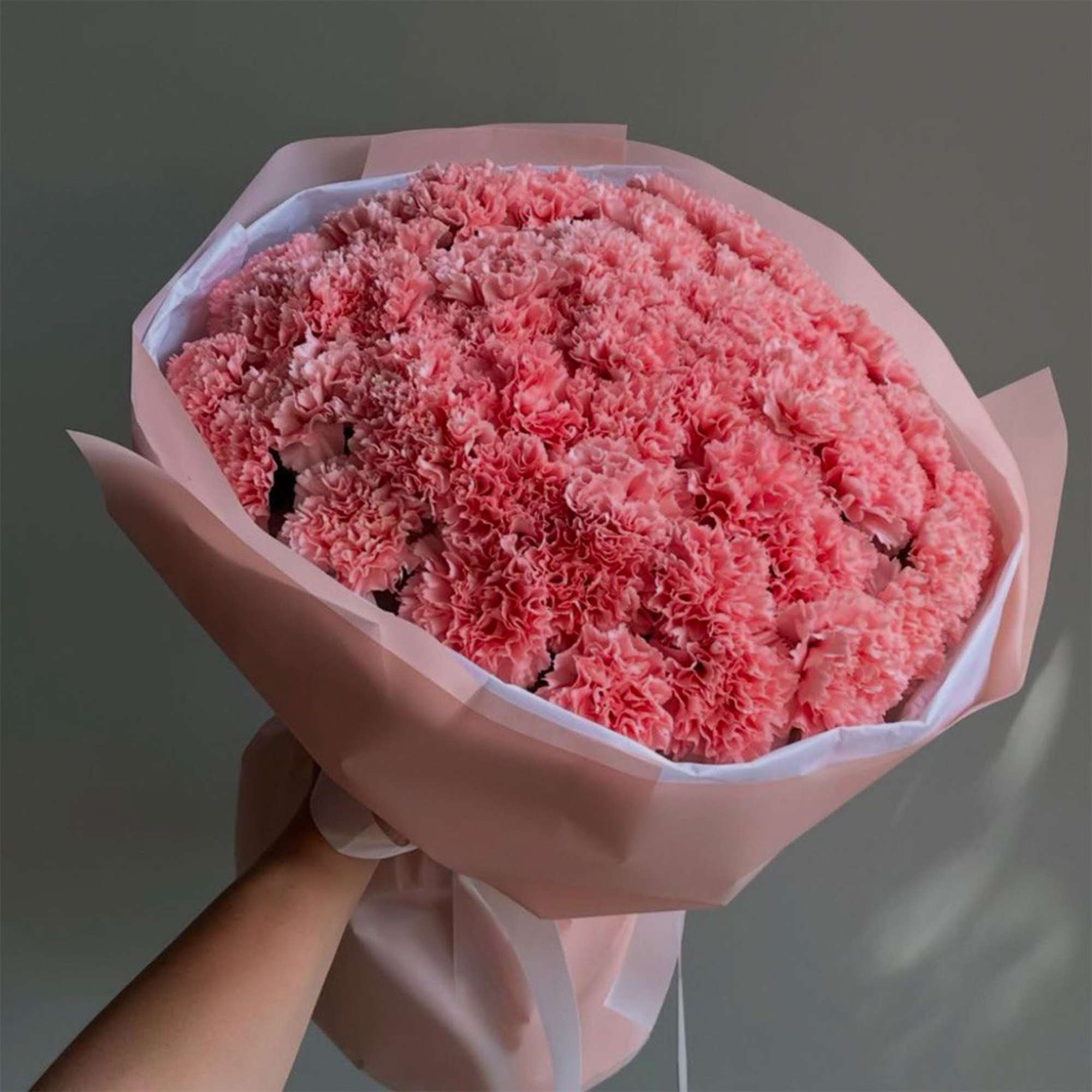 Large bouquet of pink carnations wrapped in pastel paper