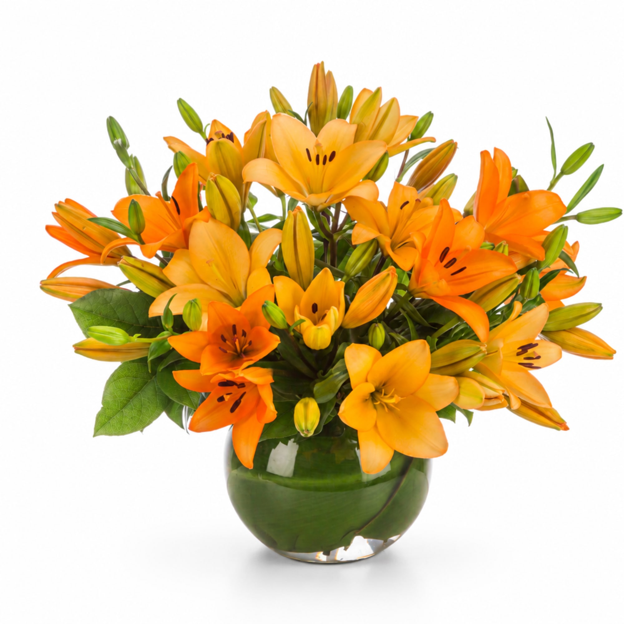 Orange lilies arranged in a green glass vase, photo 2 of 2
