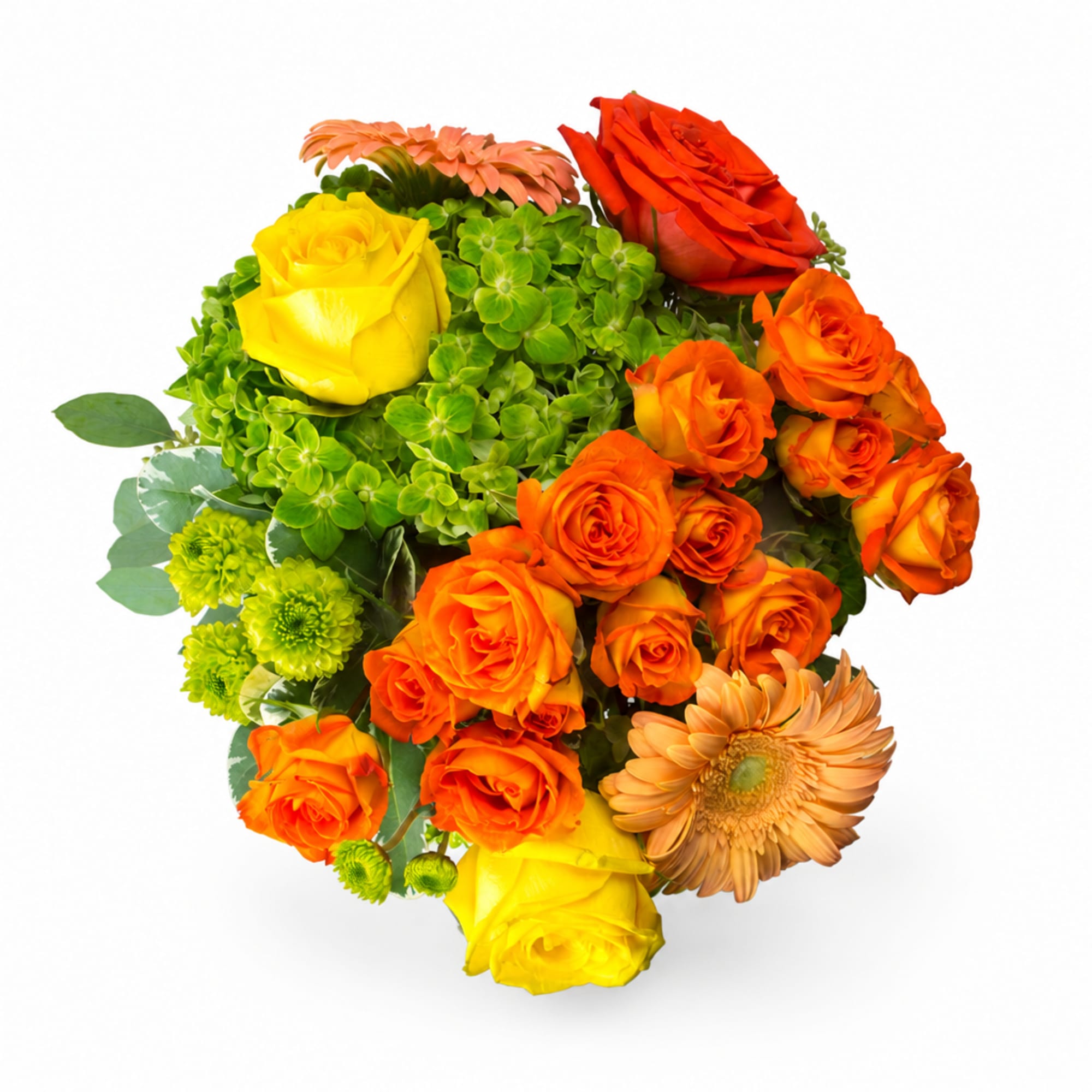 Bright mixed bouquet with roses, gerbera daisies, and green hydrangea