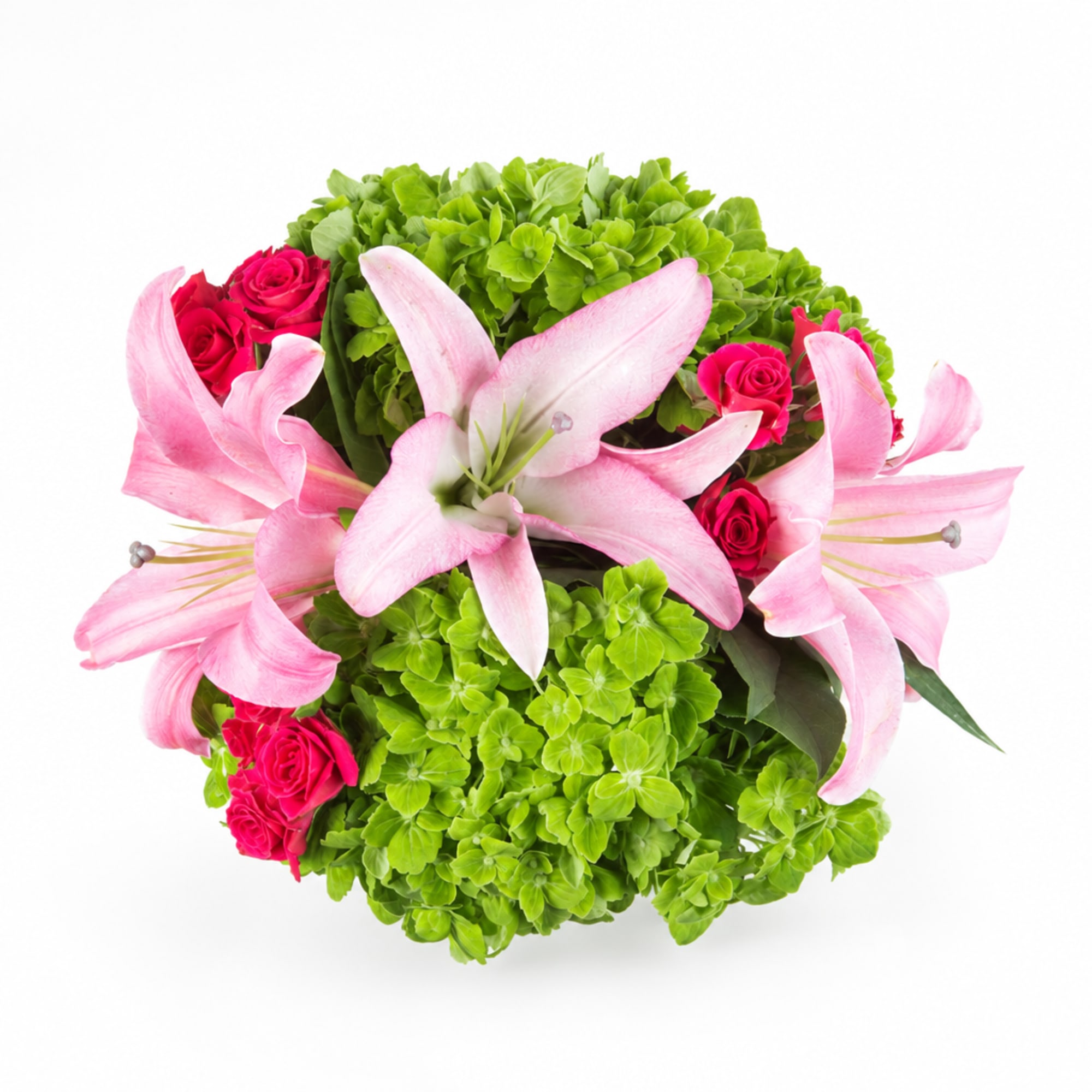 Pink lilies and red roses arranged with bright green hydrangeas
