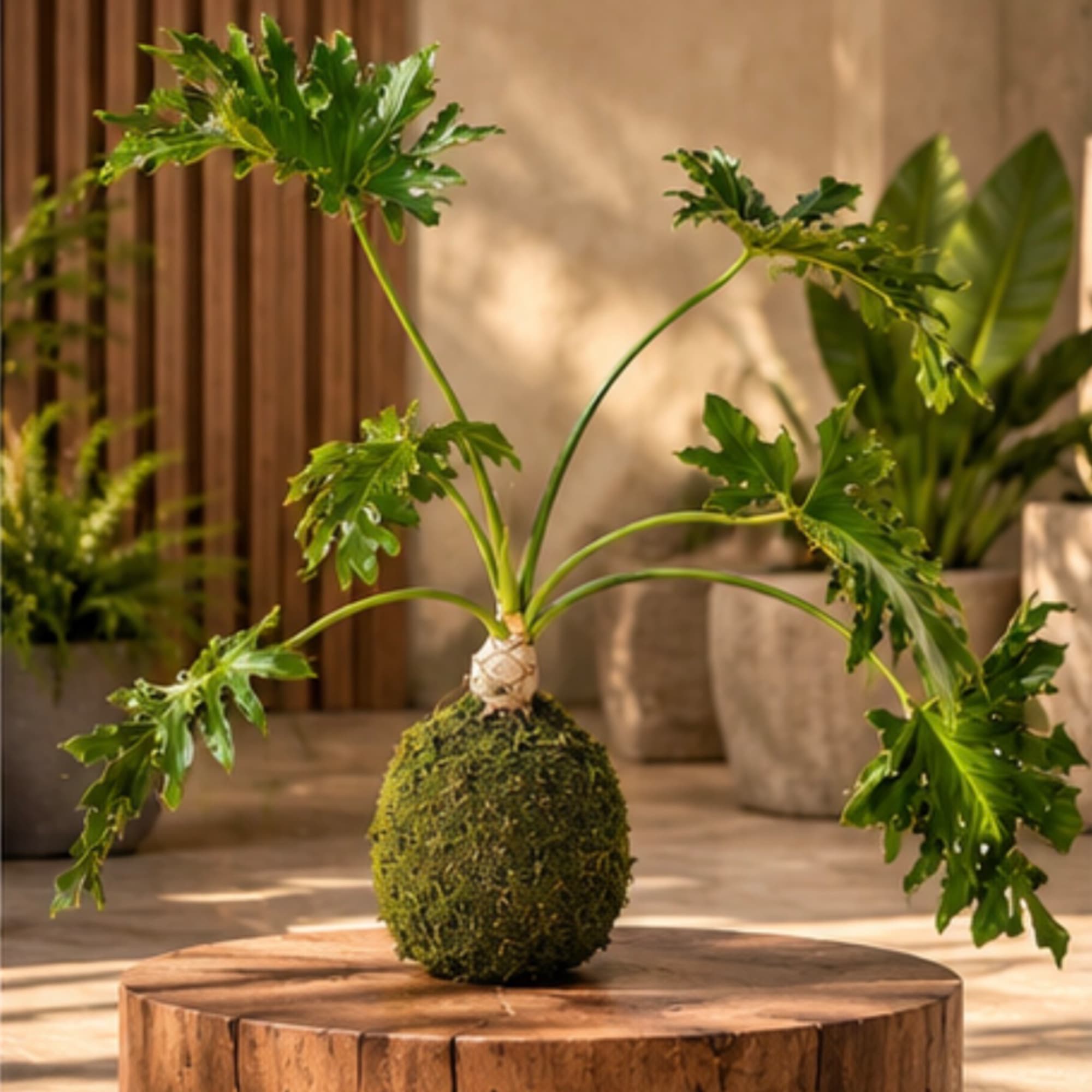 Potted plant with split green leaves on a moss-covered base
