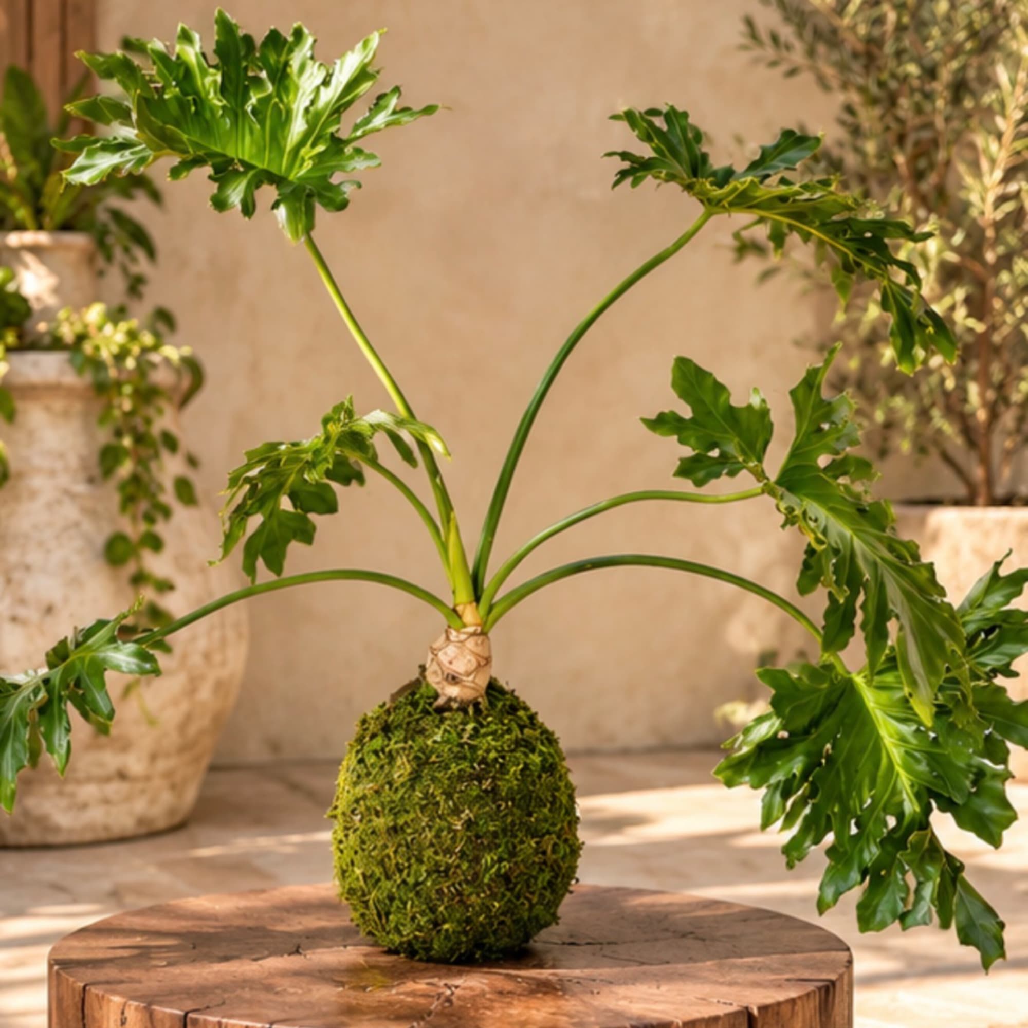 Potted green plant with long arching stems and split leaves