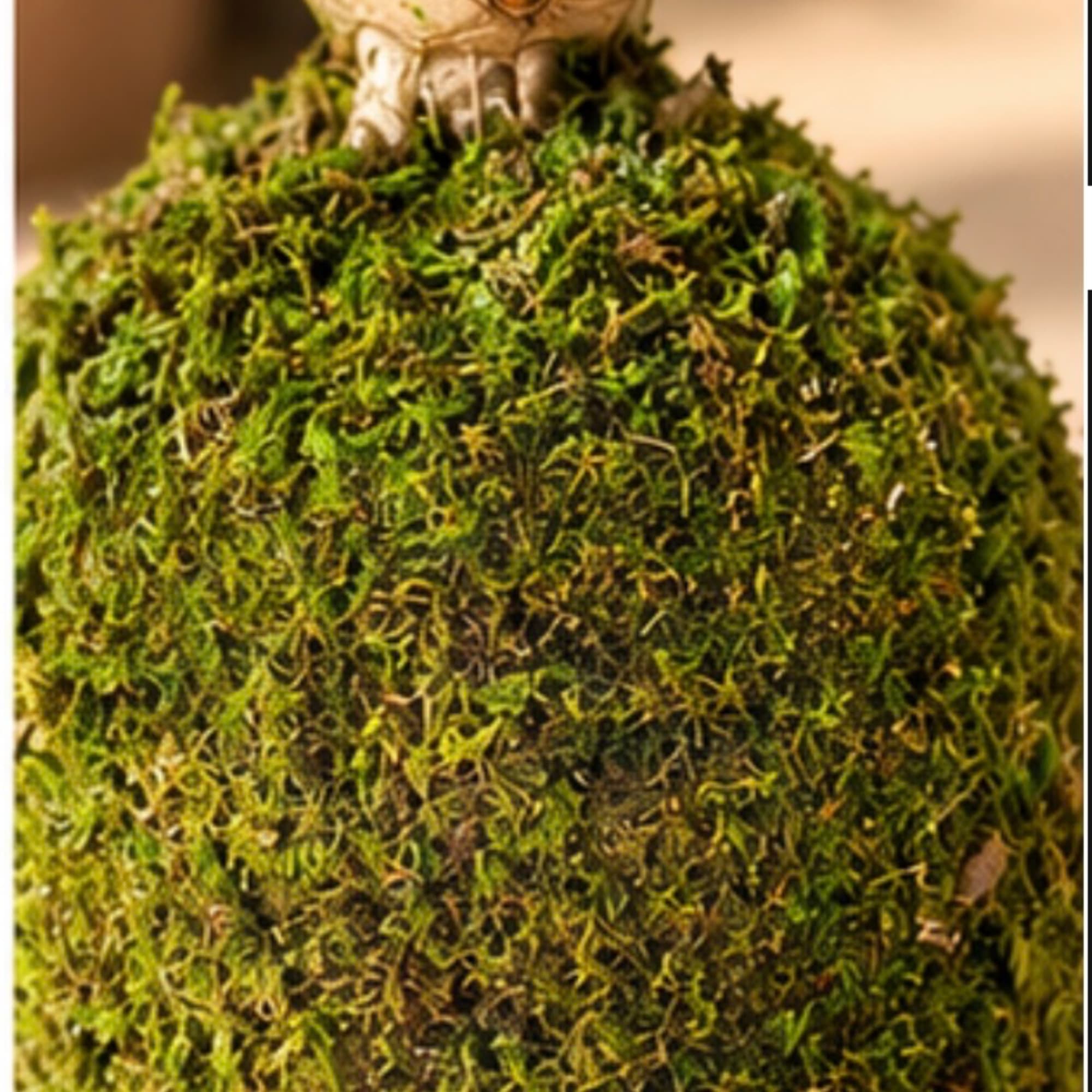 A moss-covered decorative topiary or ball-shaped plant