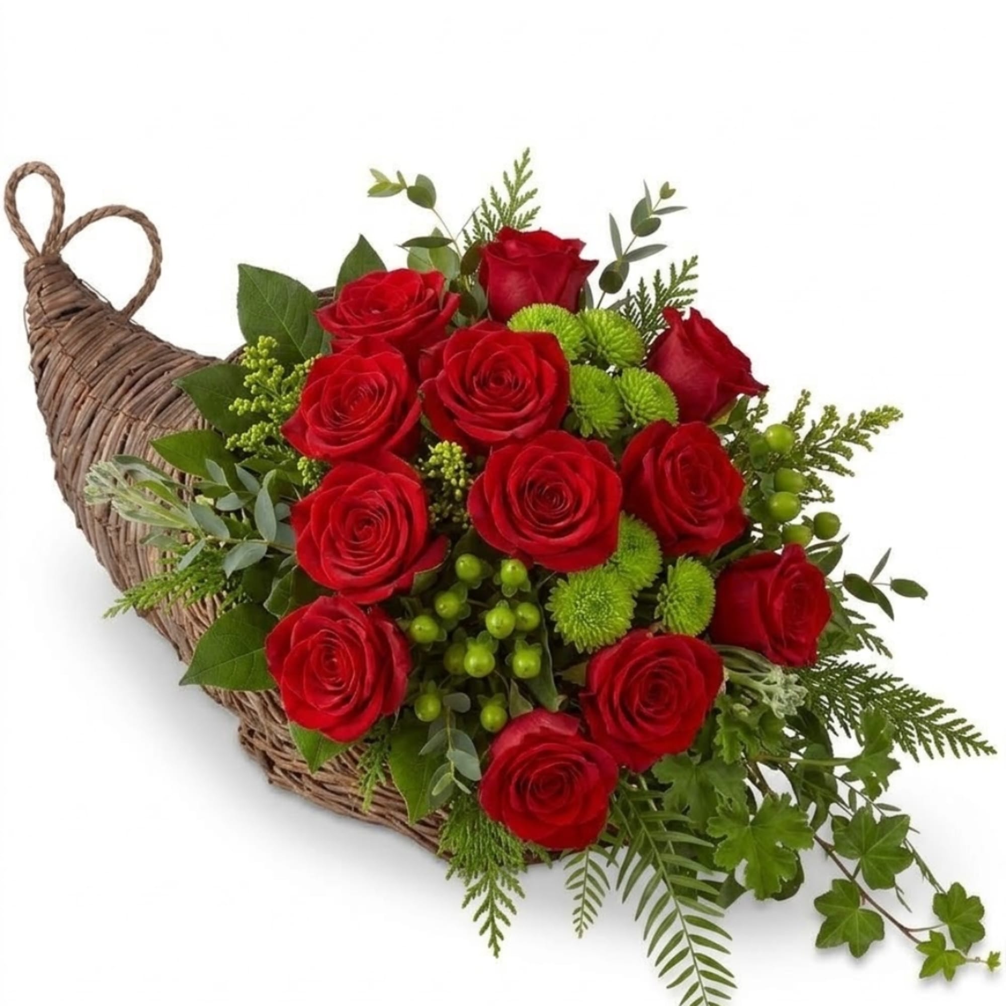 Red roses arranged in a woven cornucopia basket with green accents