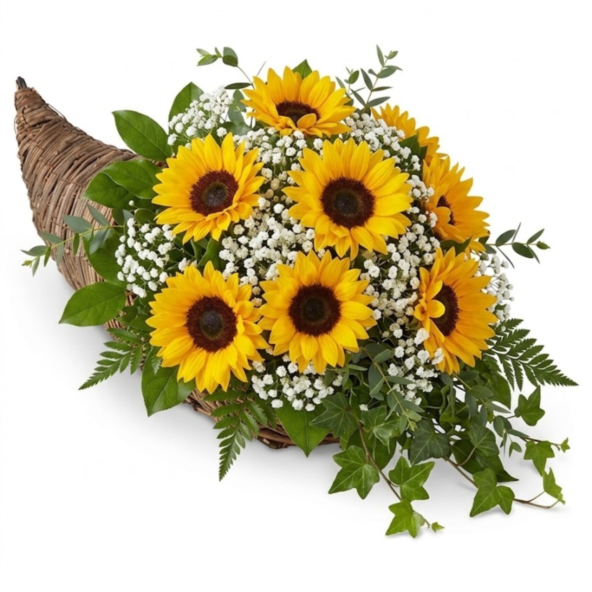 Sunflower arrangement in a woven basket with white filler flowers