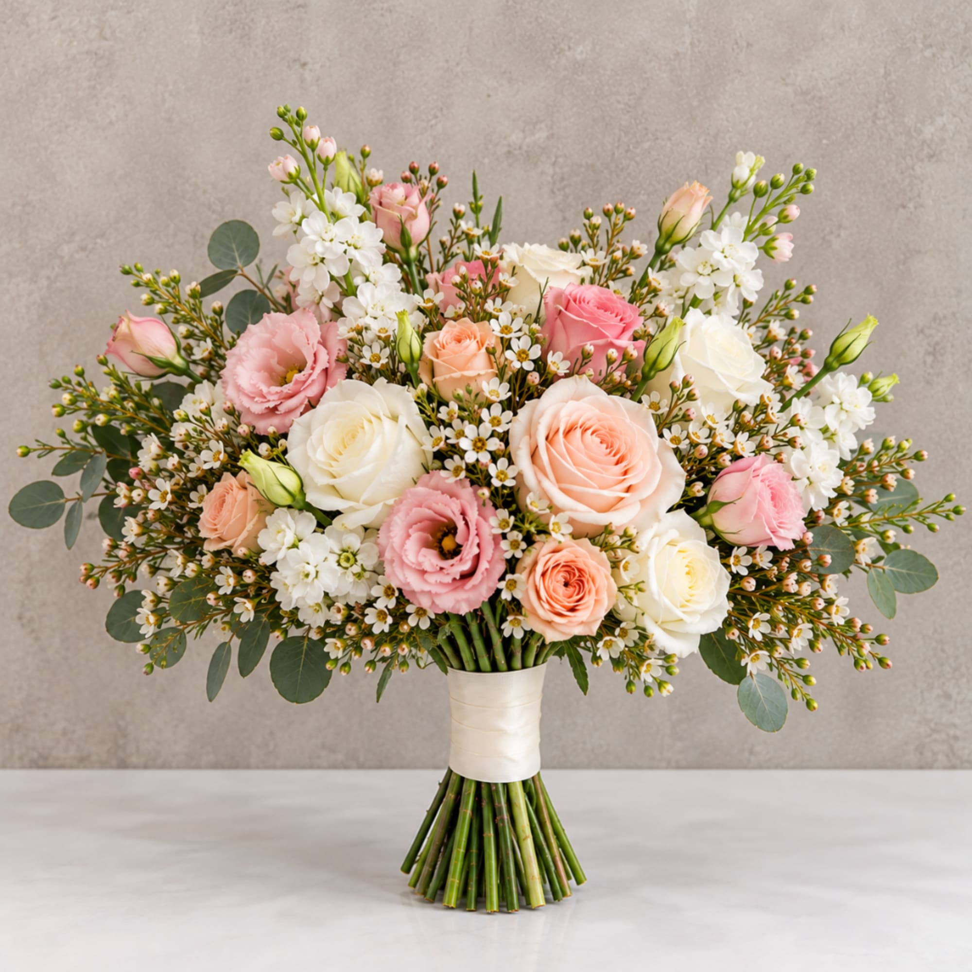 Pastel bridal bouquet with roses and white blooms wrapped in white ribbon