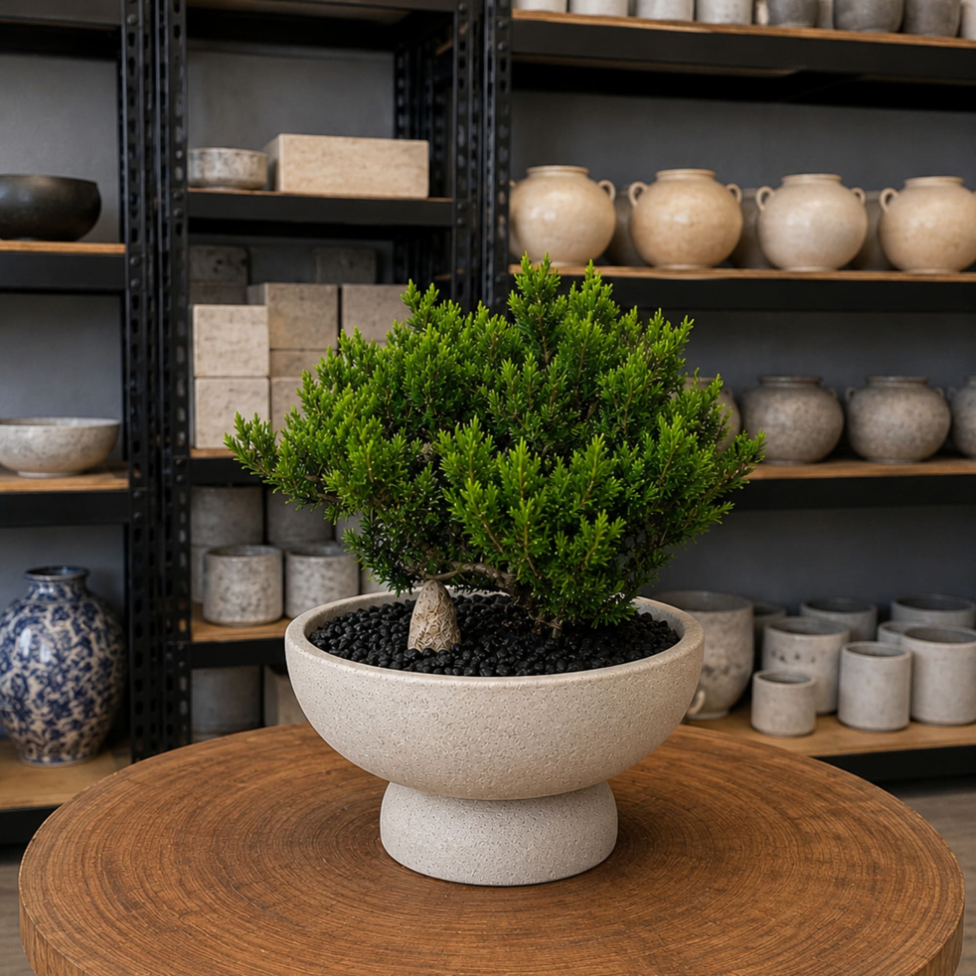 Potted green plant in a beige pedestal bowl on a wooden table