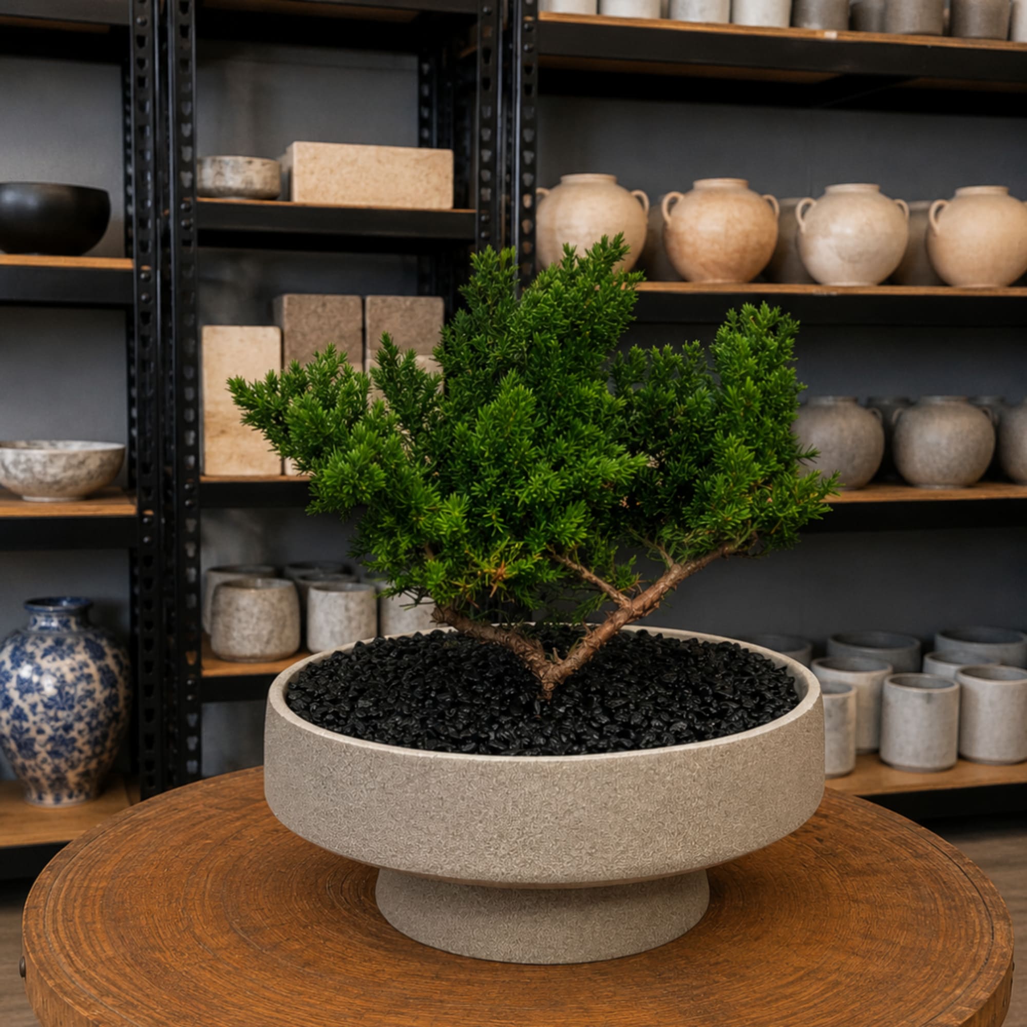 Potted green bonsai-style plant in a shallow beige planter