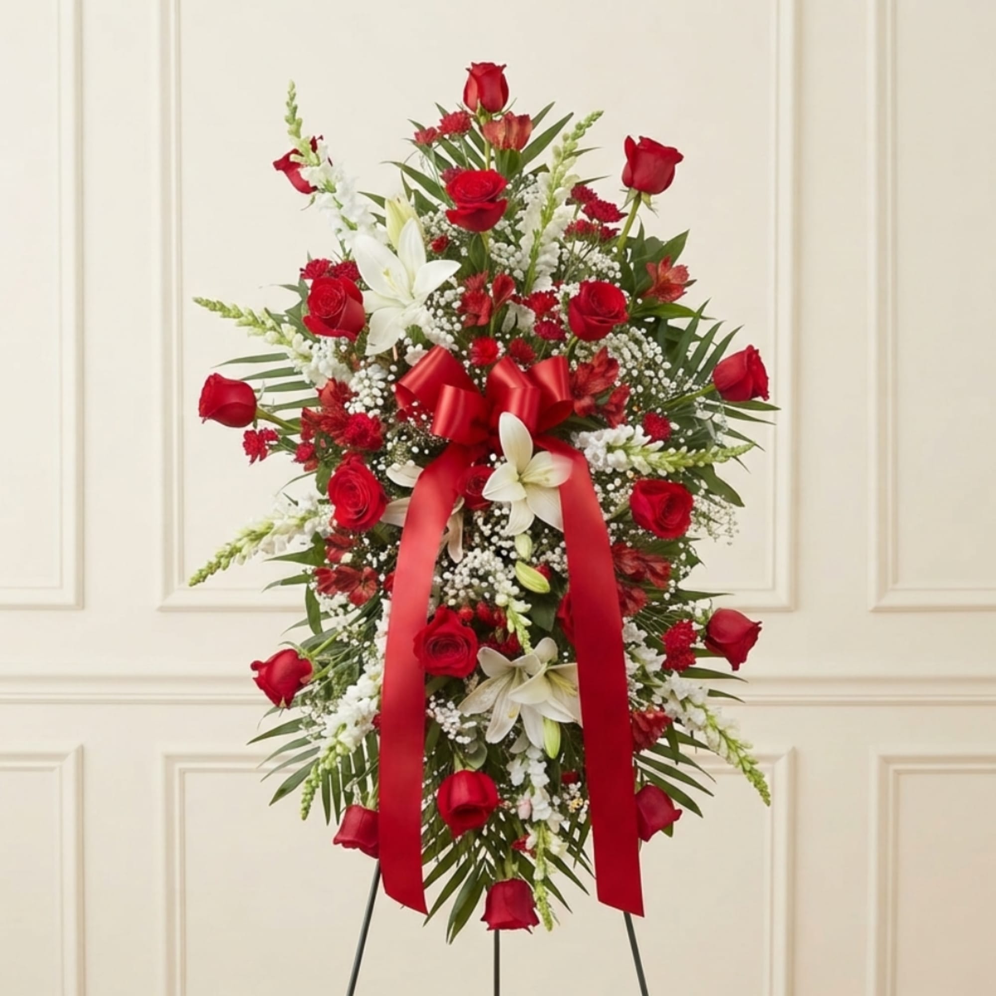Standing floral spray with red roses, white lilies, and a red ribbon
