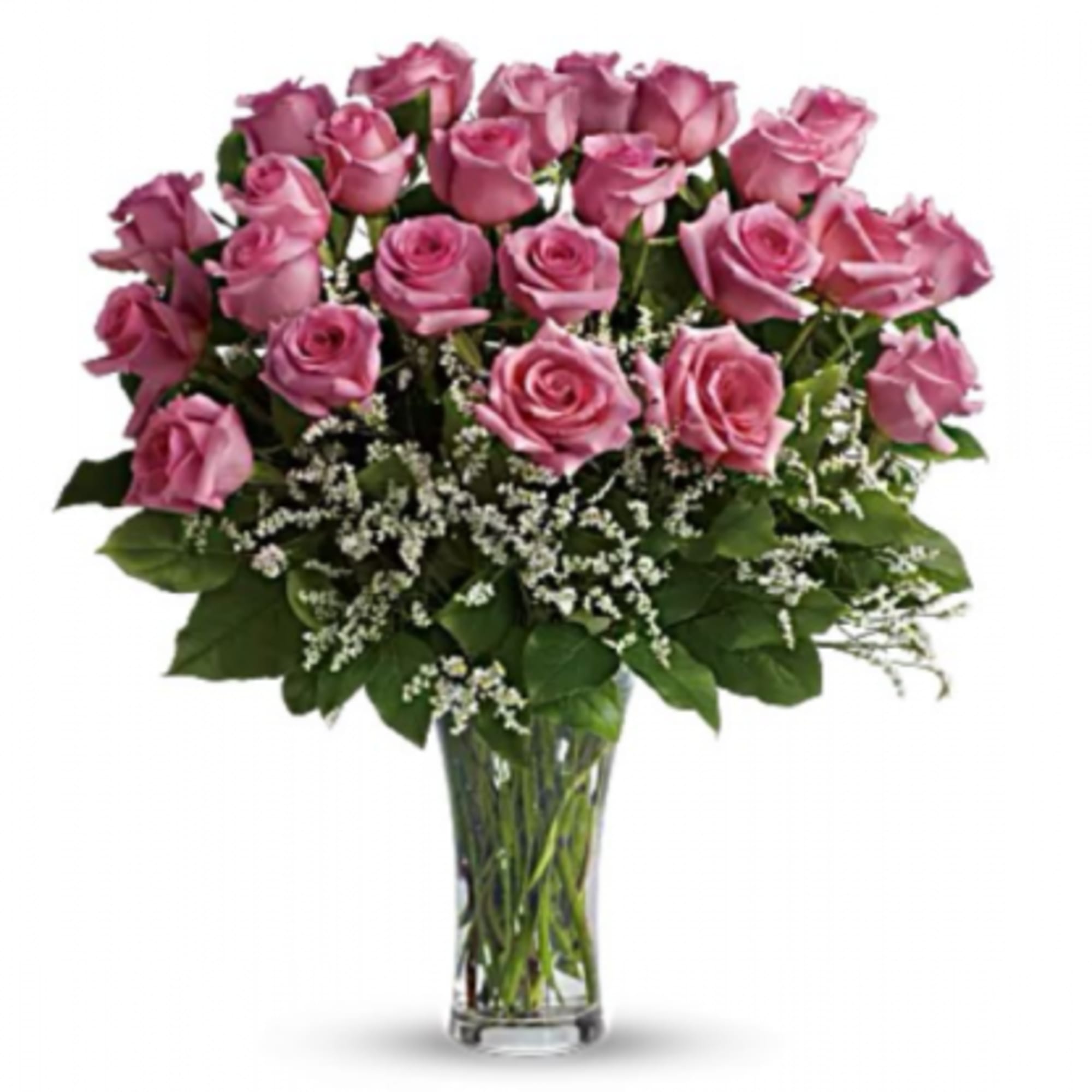 Dozen lavender roses in a glass vase with a nice greenery 