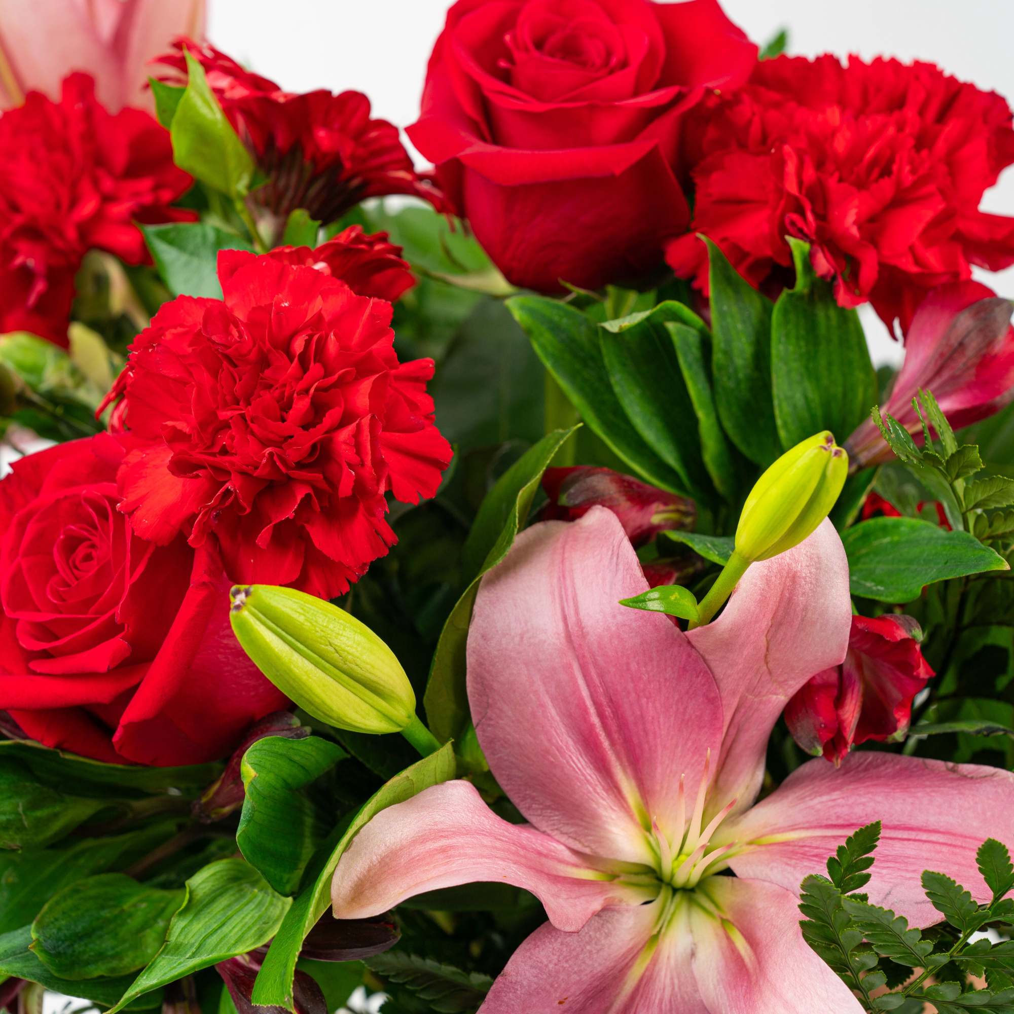 Bouquet of red roses, carnations, and a pink lily