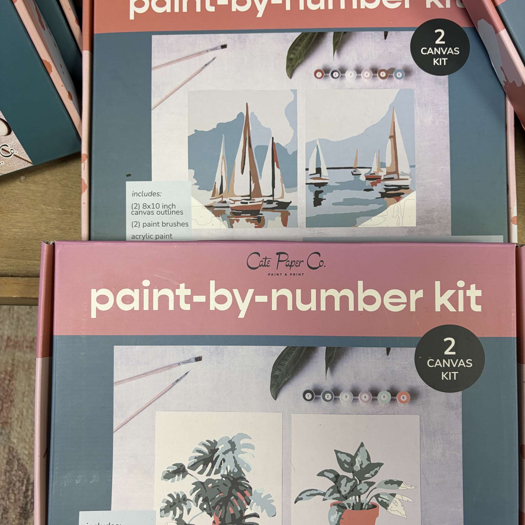 Two paint-by-number kit boxes with sailboats and tropical plants