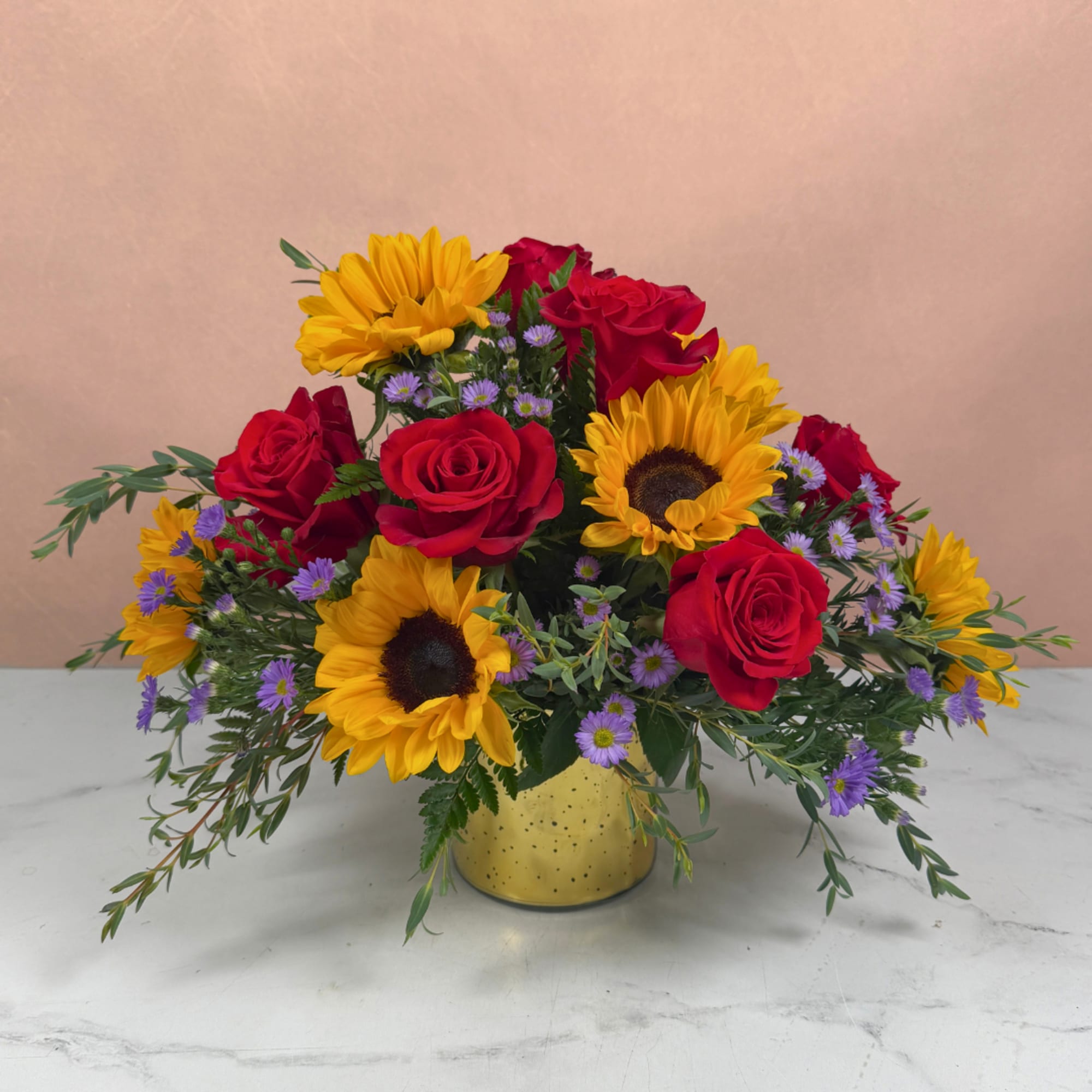 Bouquet of red roses and yellow sunflowers in a gold vase, photo 2 of 4