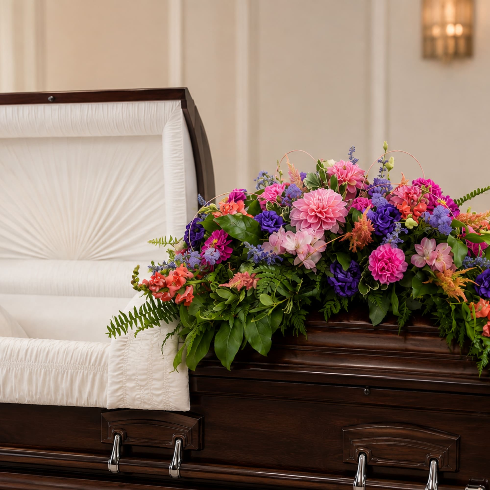 Colorful floral spray on a dark wood casket beside a white-lined interior