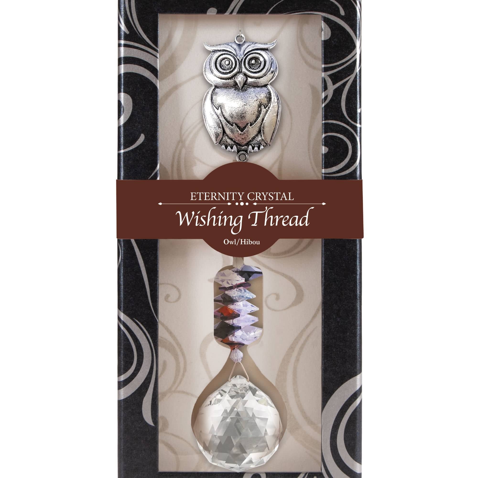 Owl-themed crystal hanging ornament in a decorative black gift box with clear faceted drop