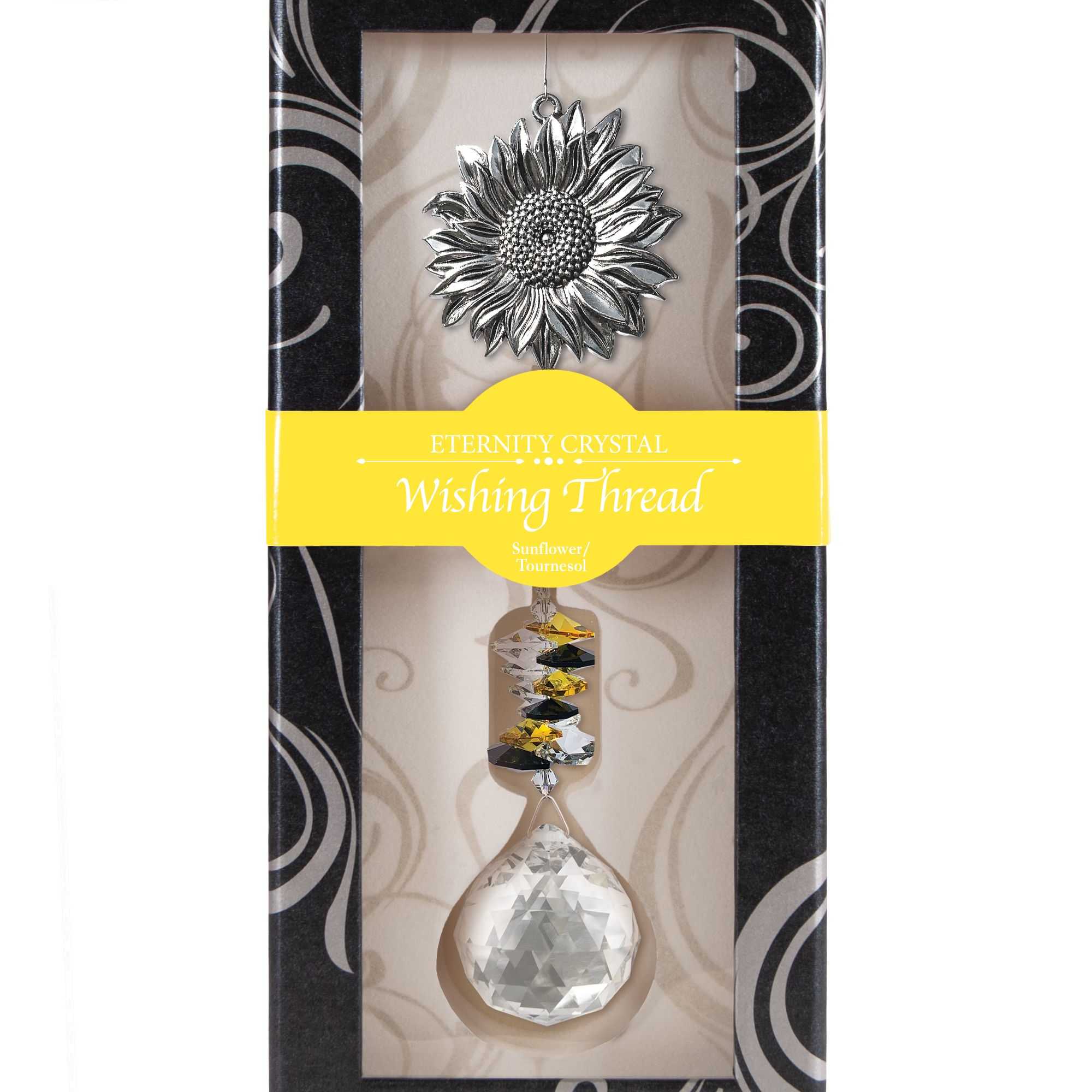 Packaged sunflower-themed crystal hanging ornament with metal sunflower charm and clear drop